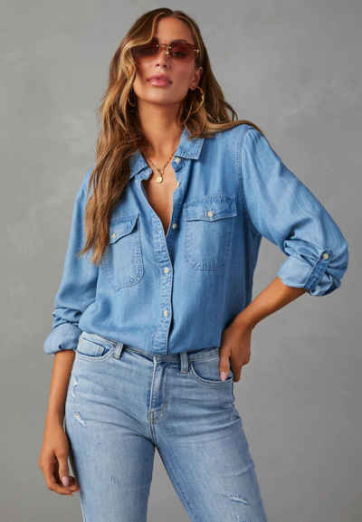 Opspring Jeansbluse Damen Bluse Damen Western Hemden Tunika Langarm Button Down Oberteile