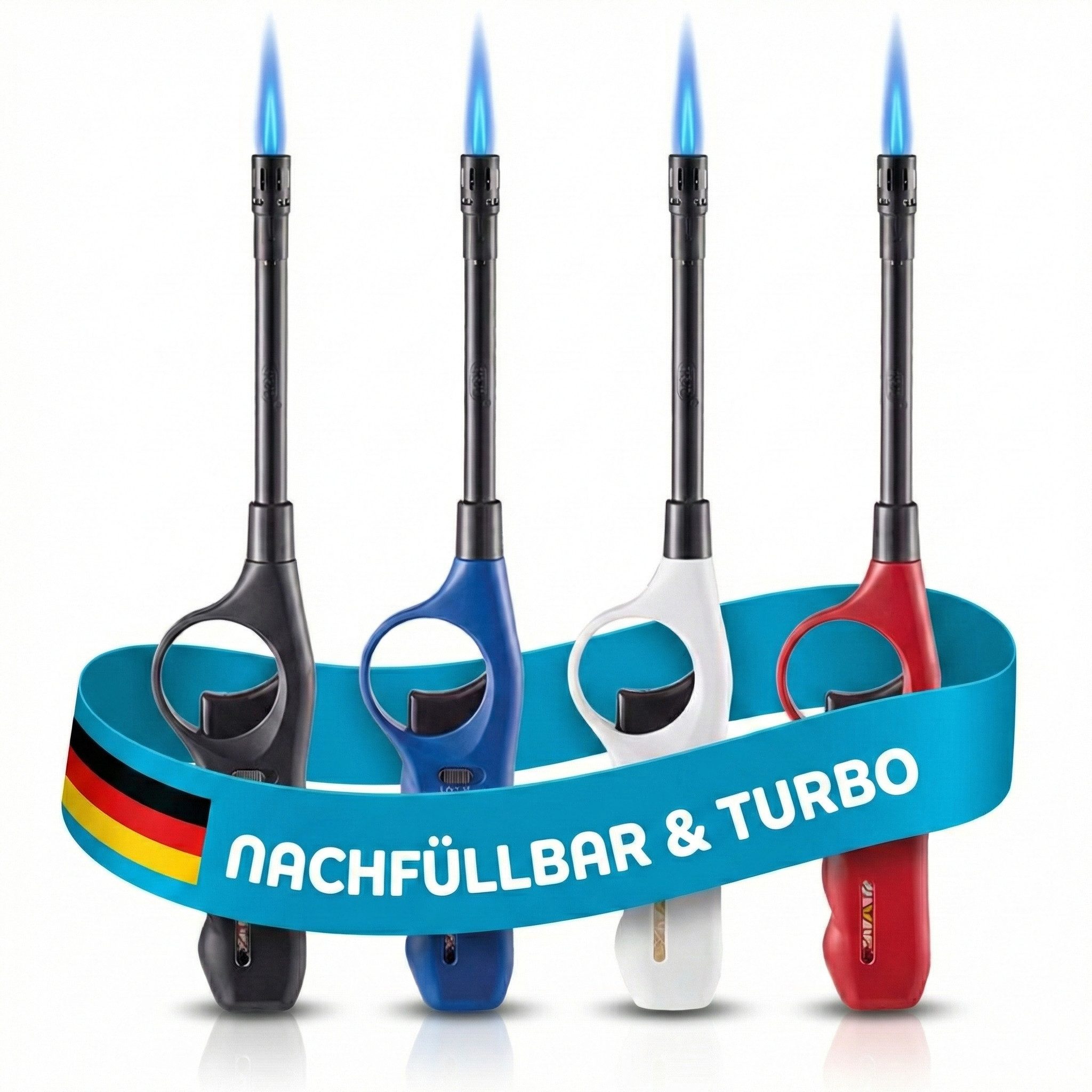 TOM Feuerzeuge 4 x Stabfeuerzeuge mit Sturmflamme Nachfüllbar (4-St), Sturmfeuerzeug - 28,3 cm - Kindersicherung - Gas-Füllstandanzeige