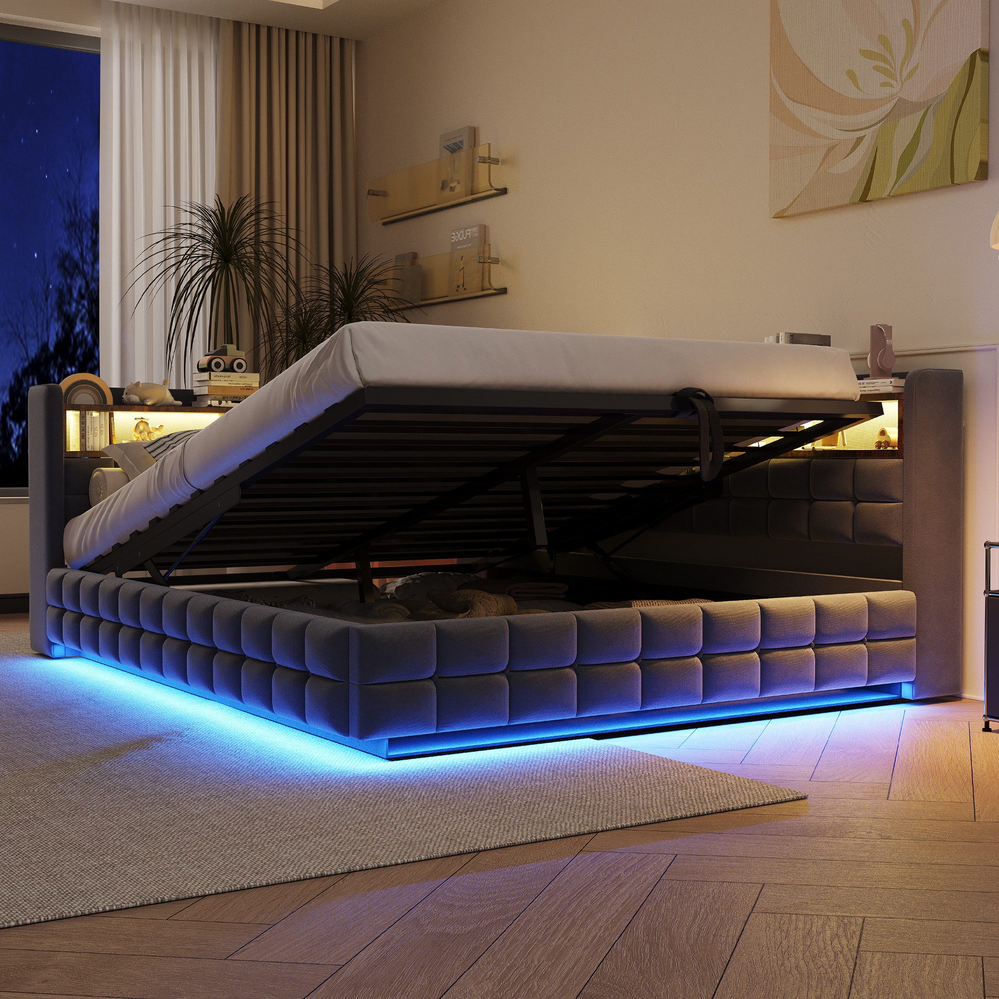 Merax Daybett mit LED-Beleuchtung und USB-Ladeanschlüssen (Jugendbett Kinderbett Einzelbett Sofabett aus Samtstoff, 1 tlg), Polsterbett Tagesbett 140x200cm mit  – Bild 3 von 5