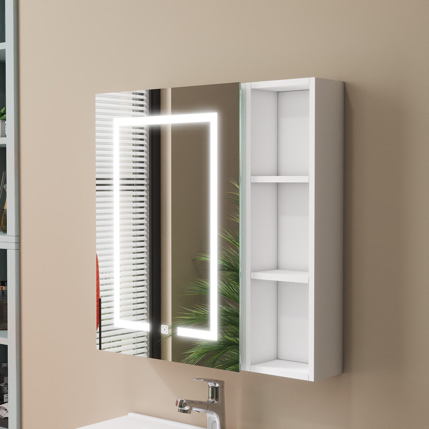 duschspa Spiegelschrank LED Badschrank mit Steckdose drei Lichtfarbe dimmbar Beschlagfrei Touch/Wandschalter, Weiß Matt/Schwarz Hochglanz, 40-120cm