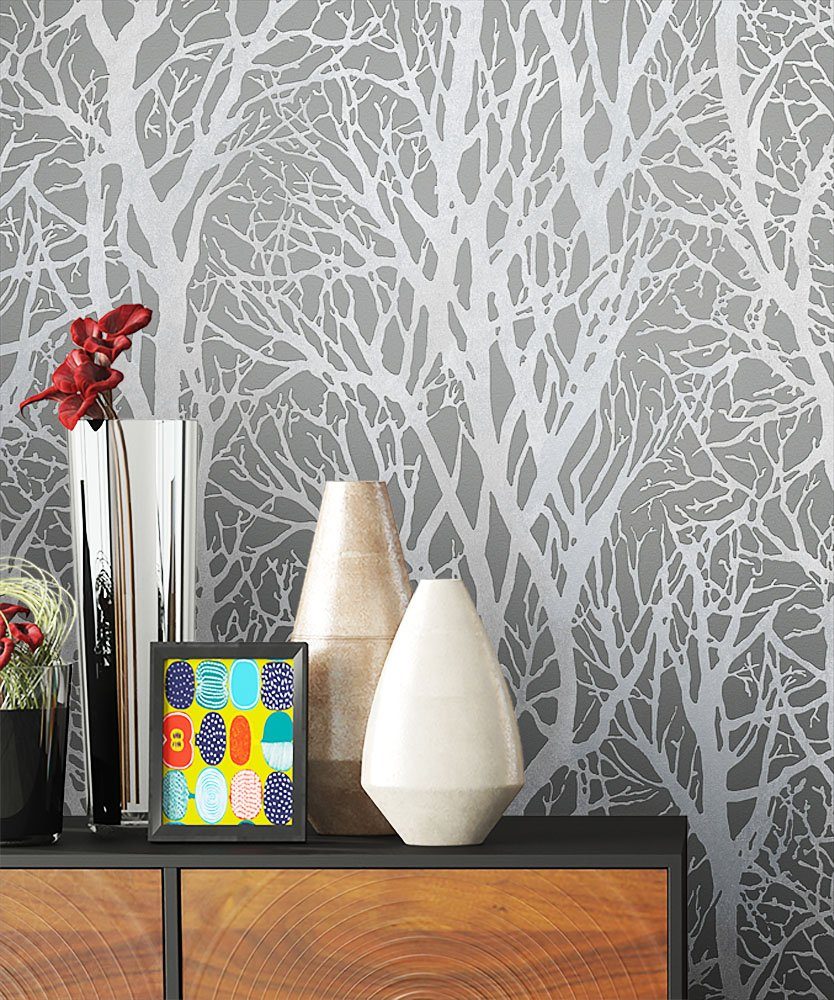 Newroom Vliestapete, Blumentapete Grau Wallpaper Floral Blumen Tapete Pflan günstig online kaufen