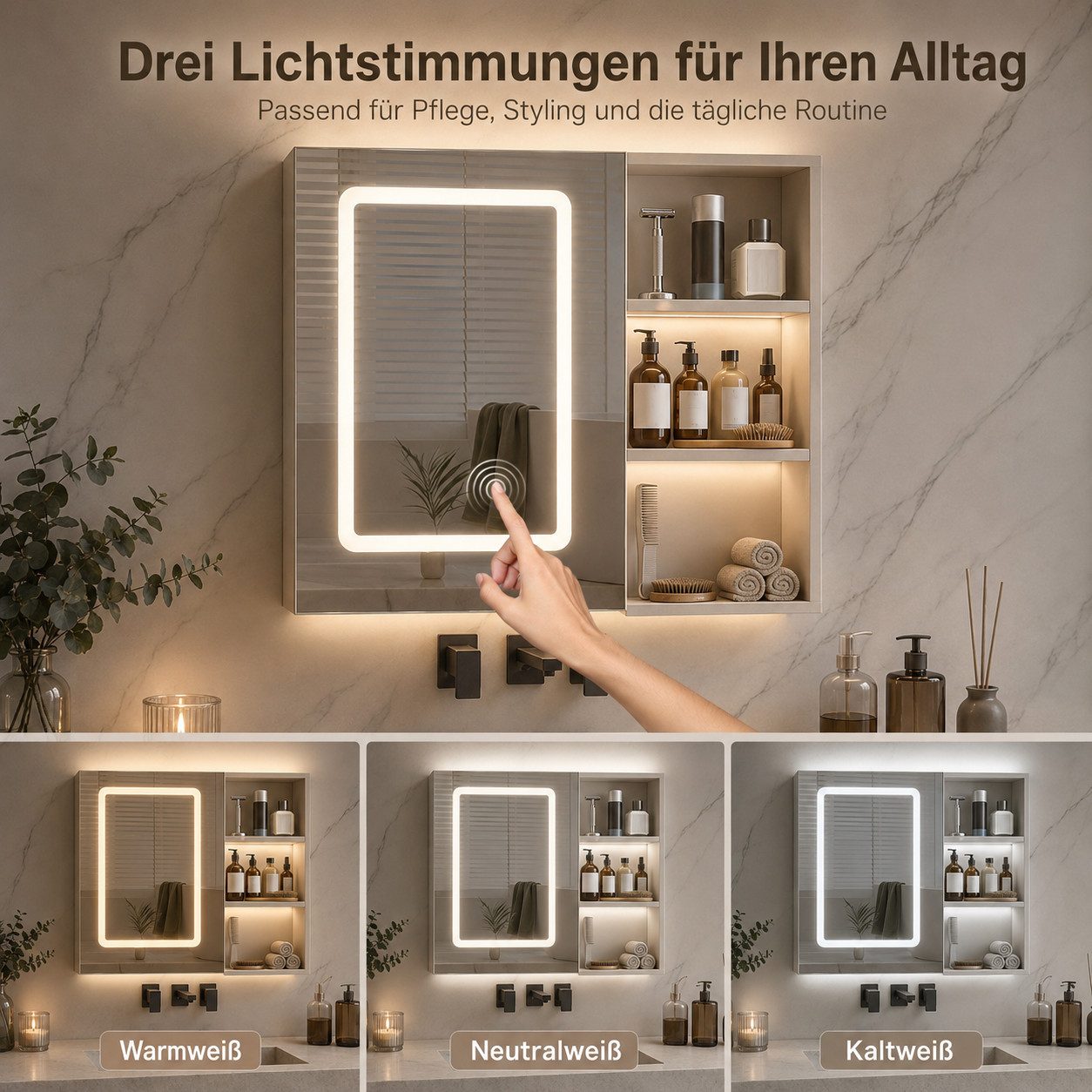 Simurq Badezimmerspiegelschrank Badspiegelschrank 60 cm, 3 Lichtfarben, Antibeschlag (Einzelartikel, 1-teilig) 3 Lichtfarben, Antibeschlag, offenes Regal – Bild 3 von 5