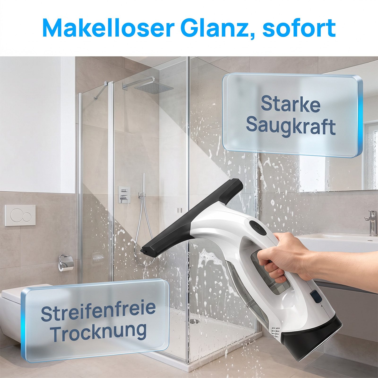 AKKEE Akku-Fenstersauger Kabelloser Fenstersauger Set 40 Min Laufzeit 2 Reinigungstücher, wiederaufladbarer Fensterabzieher für Glastüren, Fenster, Autoglas