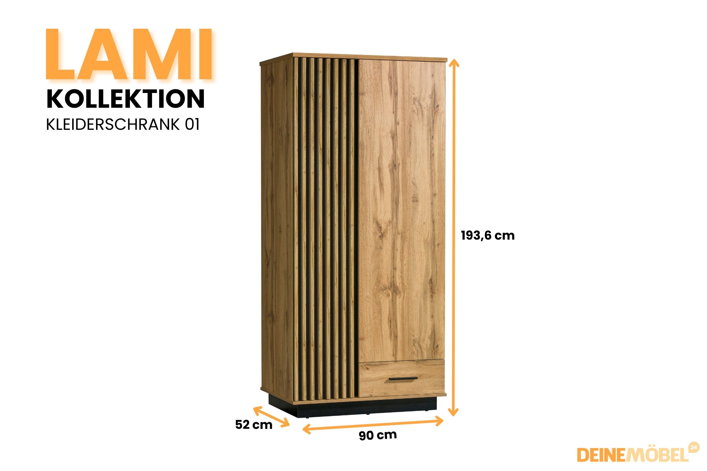 Deine Möbel 24 Kleiderschrank LAMI 1 90 cm breit, in Wotan Eiche / Schwarz Matt und Lamellen (LAMI - Kollektion, 1-St., Perfekt geeignet für Schlafzimmer, Jugendzimmer oder Gästezimmer) Moderner Drehtürenschrank mit 2 Türen und 1 Schublade