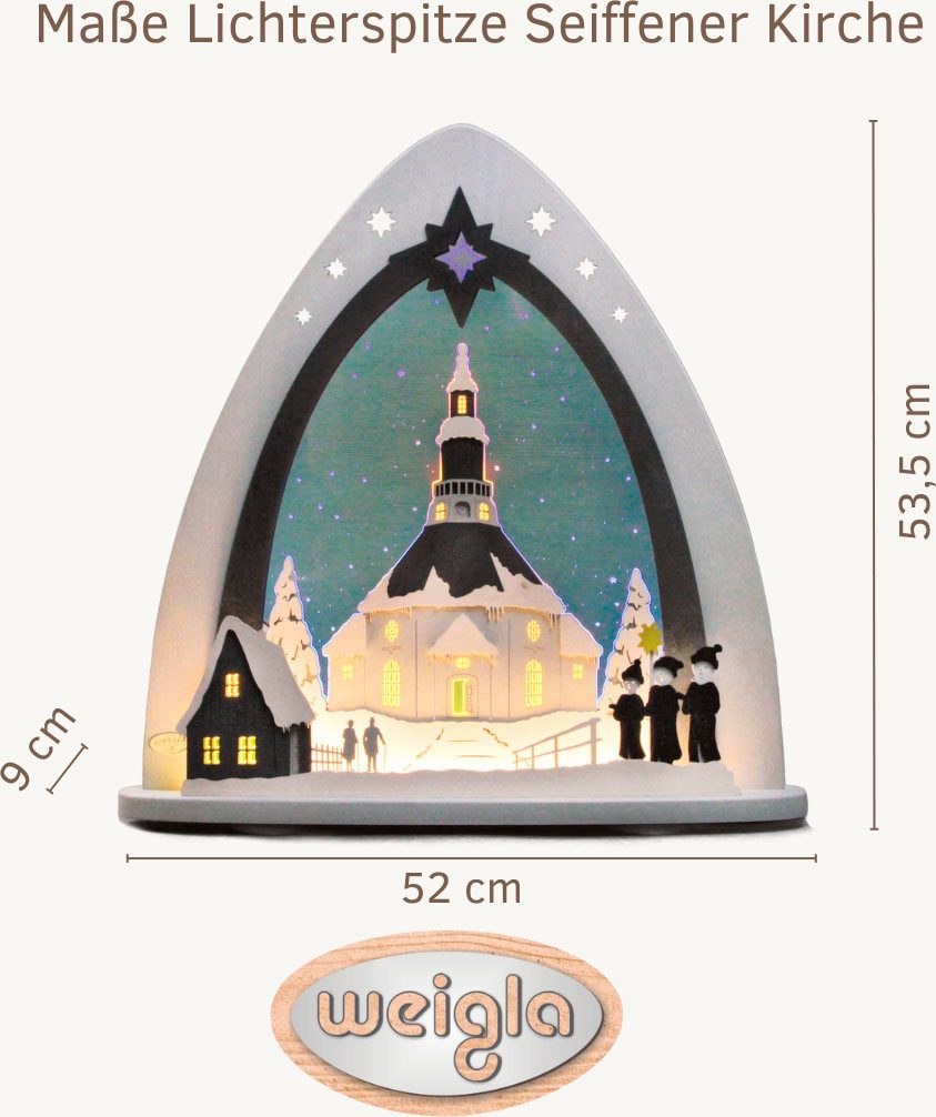 Weigla Lichterbogen LED Seiffener Kirche,Lichterspitze aus Holz&Acrylglas, Made in Germany (1-tlg), Erzgebirge garantiert, Weihnachtsdeko Innen, Weihnachtsbeleuchtung