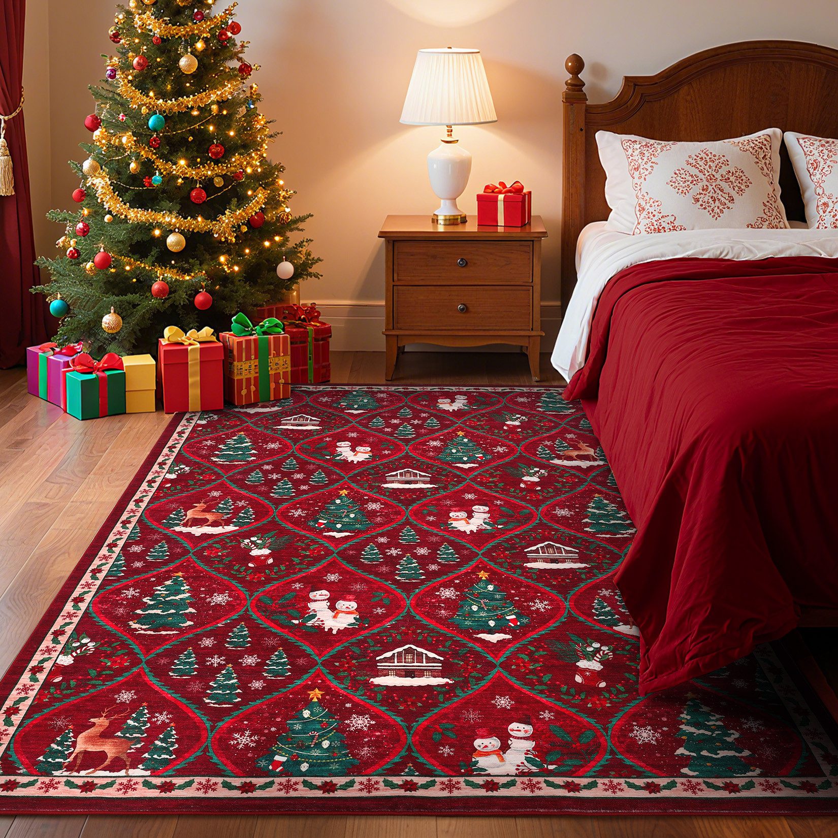 GarveeMore Teppich Festlicher Roter Weihnachtsteppich mit Schneemann & Tannenbaum, Höhe: 5 mm – Bild 2 von 5