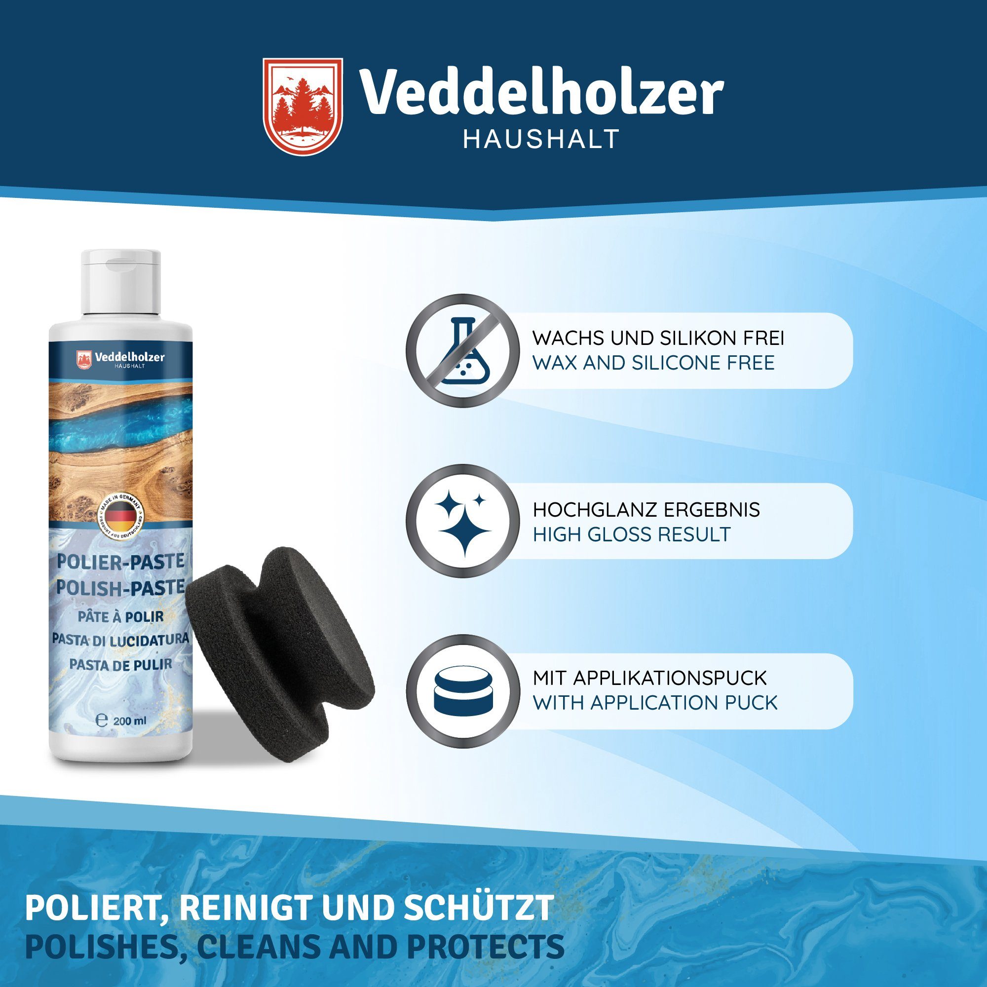 Veddelholzer 200ml Polierpaste + Polierschwamm Epoxidharz Möbel, Tisch, Acrylglas Politur (Politur mit Polierschwamm in Schwarz, Polyester, Gelocat, Glasfaser, Carbonfaserverstärkte Kunststoffe), Hochglanz