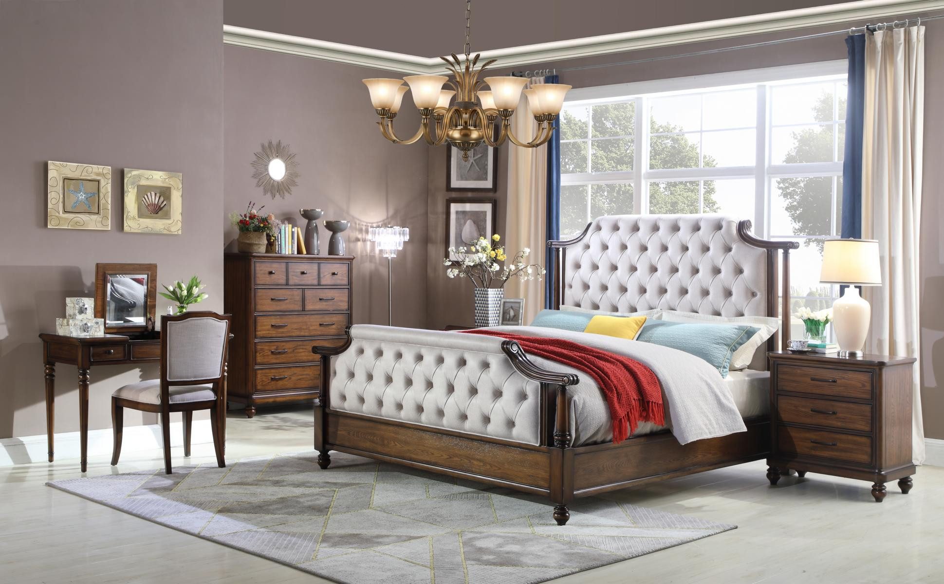 JVmoebel Schlafzimmer-Set Chesterfield Bett mit Nachttischen in elegantem Design, Made in Europa
