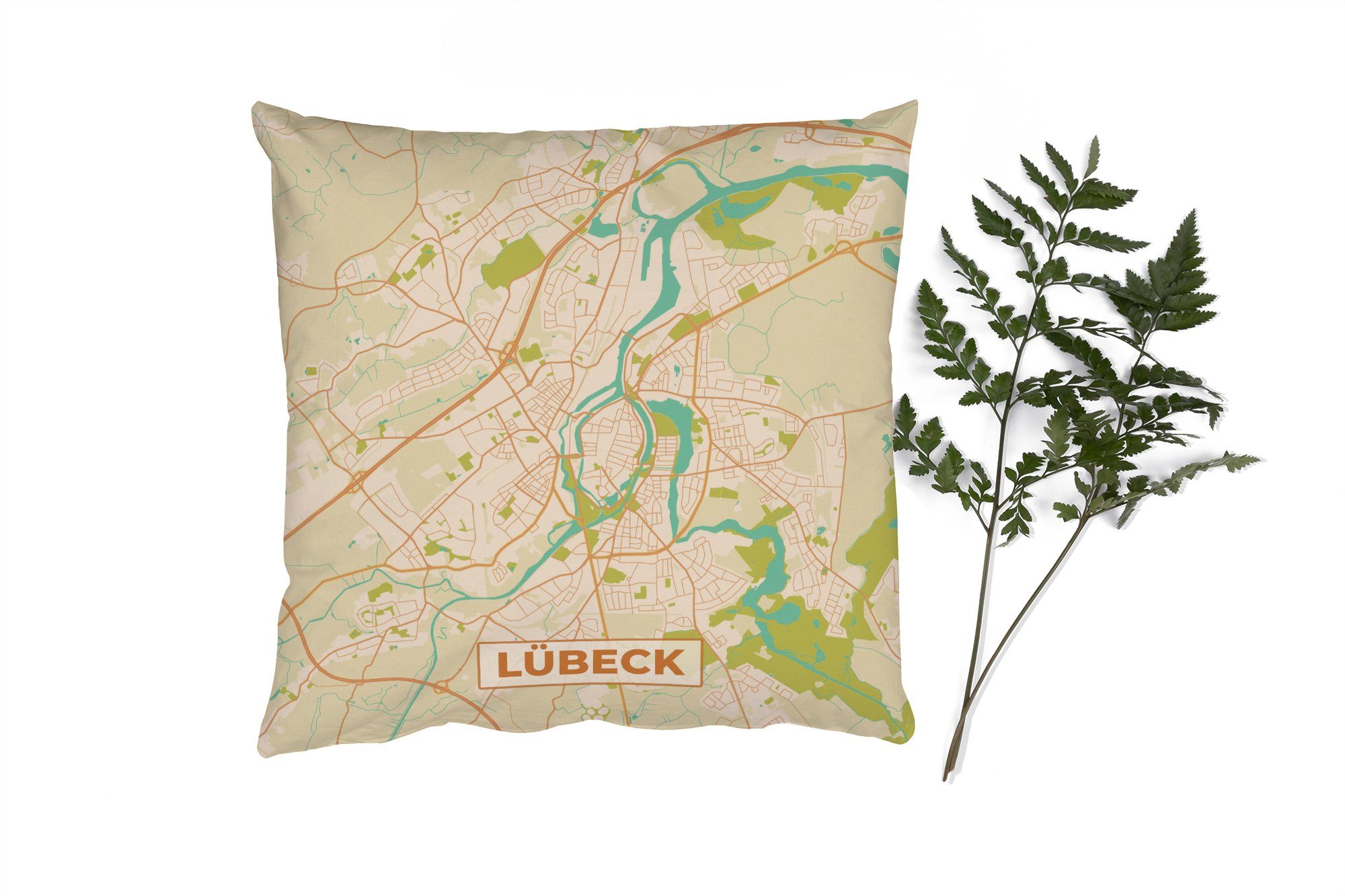 MuchoWow Dekokissen Stadtplan - Karte - Lübeck - Vintage, Zierkissen mit Füllung für Wohzimmer, Schlafzimmer, Deko, Sofakissen