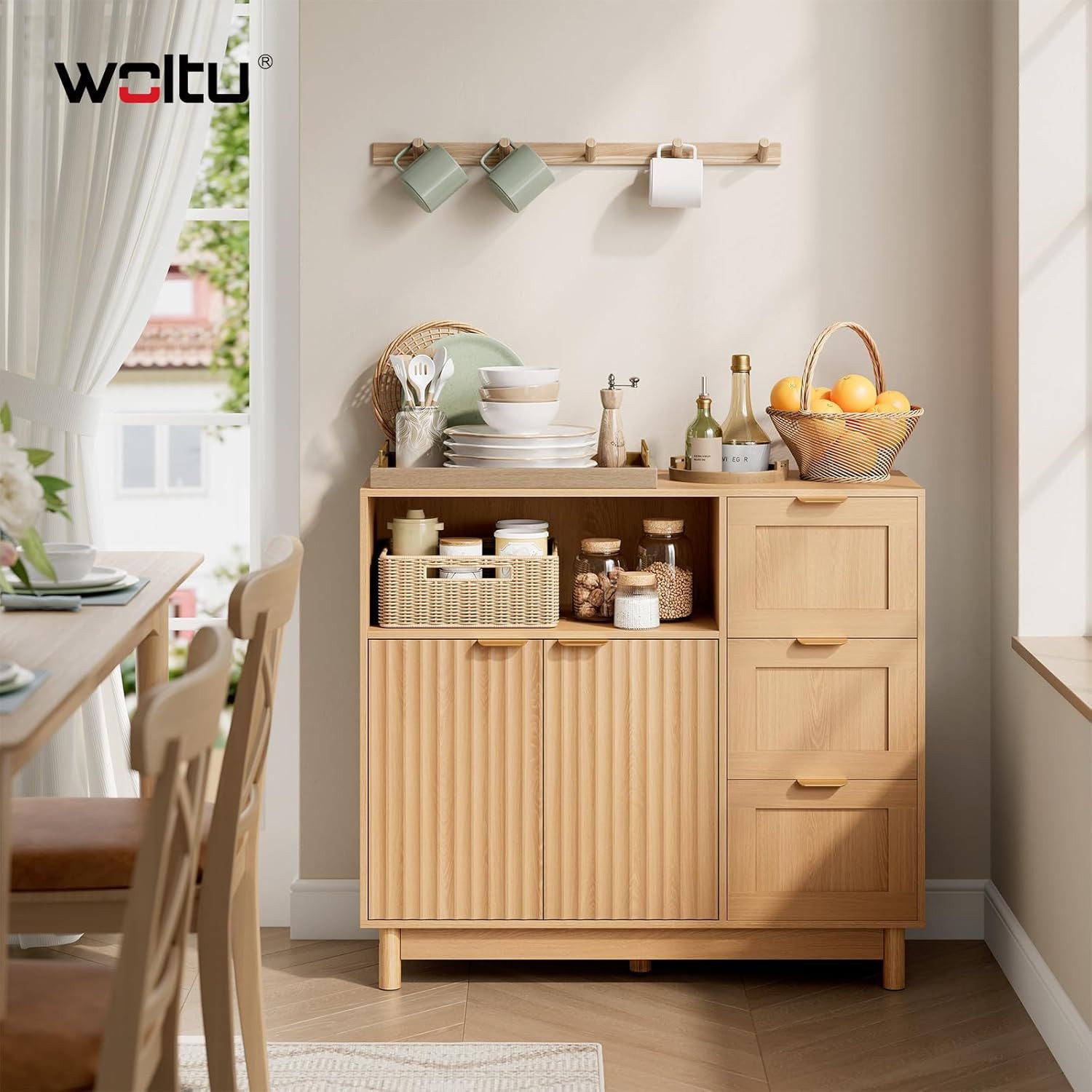 Woltu Sideboard, Kommode mit 3 Schubladen, Küchenschrank mit verstellbarer Ablage