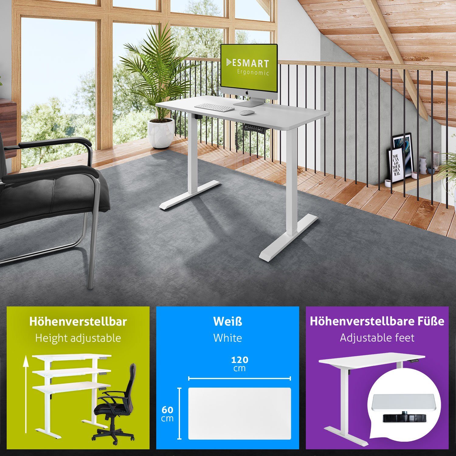 60 Schreibtisch Rahmen: Tischplatte: ETX-121 cm / Schreibtisch 120 ESMART Weiß höhenverstellbarer Germany, Weiß Elektrisch x ESMART