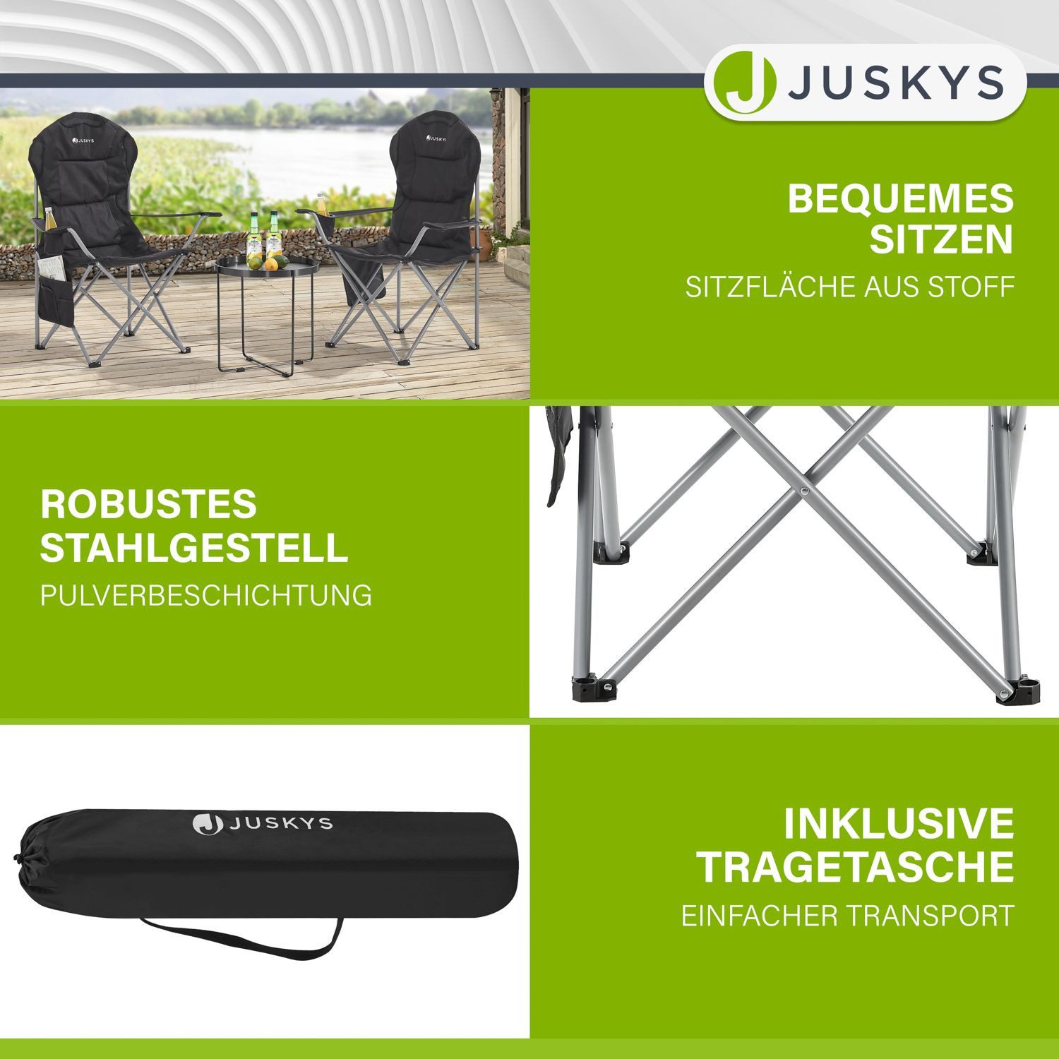Juskys Campingstuhl Lido, leicht und stabil, bequeme Rückenlehne, mit Armlehnen
