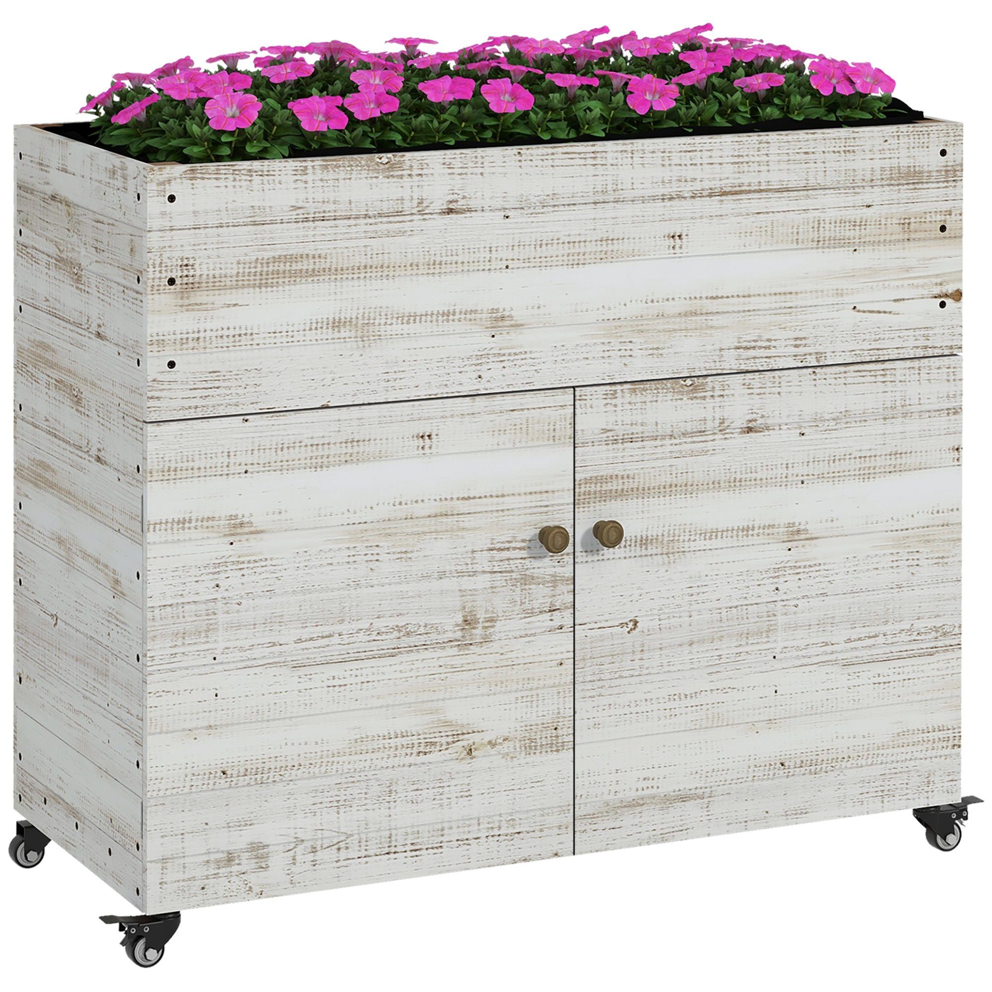 Outsunny Hochbeet Frühbeet aus Holz mit Schrankfach, Kräuterbeet mit Rollen (Blumenkasten, 1 St., Pflanzkasten), für Garten, Balkon, 110 x 50 x 95 cm, Weiß