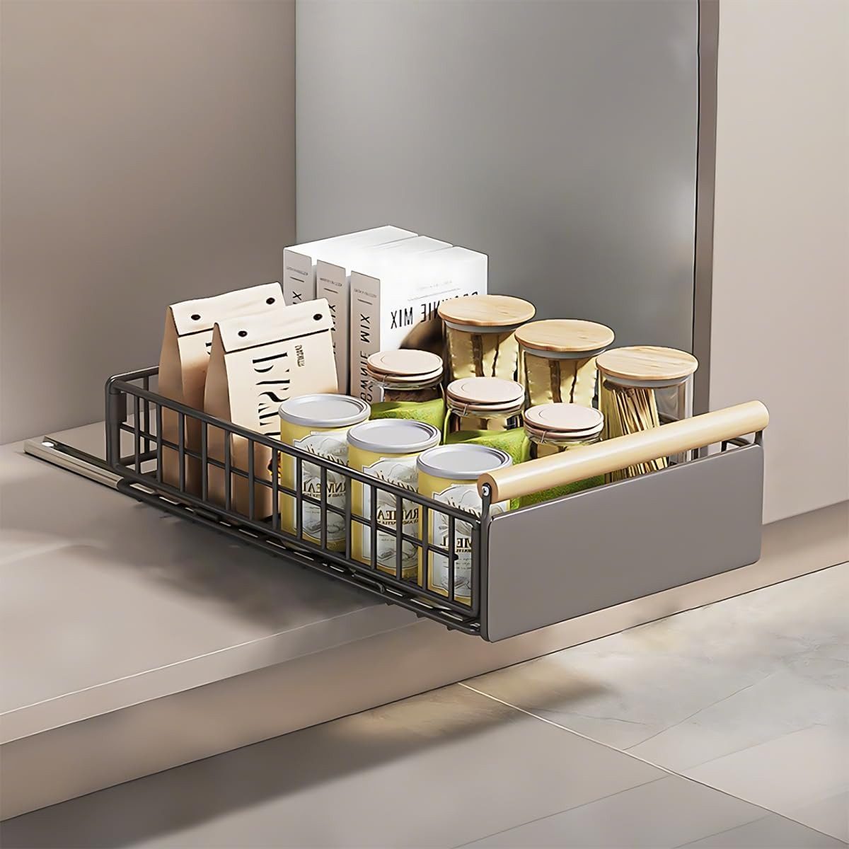 BlingBin Küchenregal Teleskopschublade für Küche, Ausziehbarer Metall Schrank Organizer, 39.5*23.5*11cm, 1er Set 1-tlg., Erweiterbar Küchenschublade mit Holzgriff für Küche Unterschrank