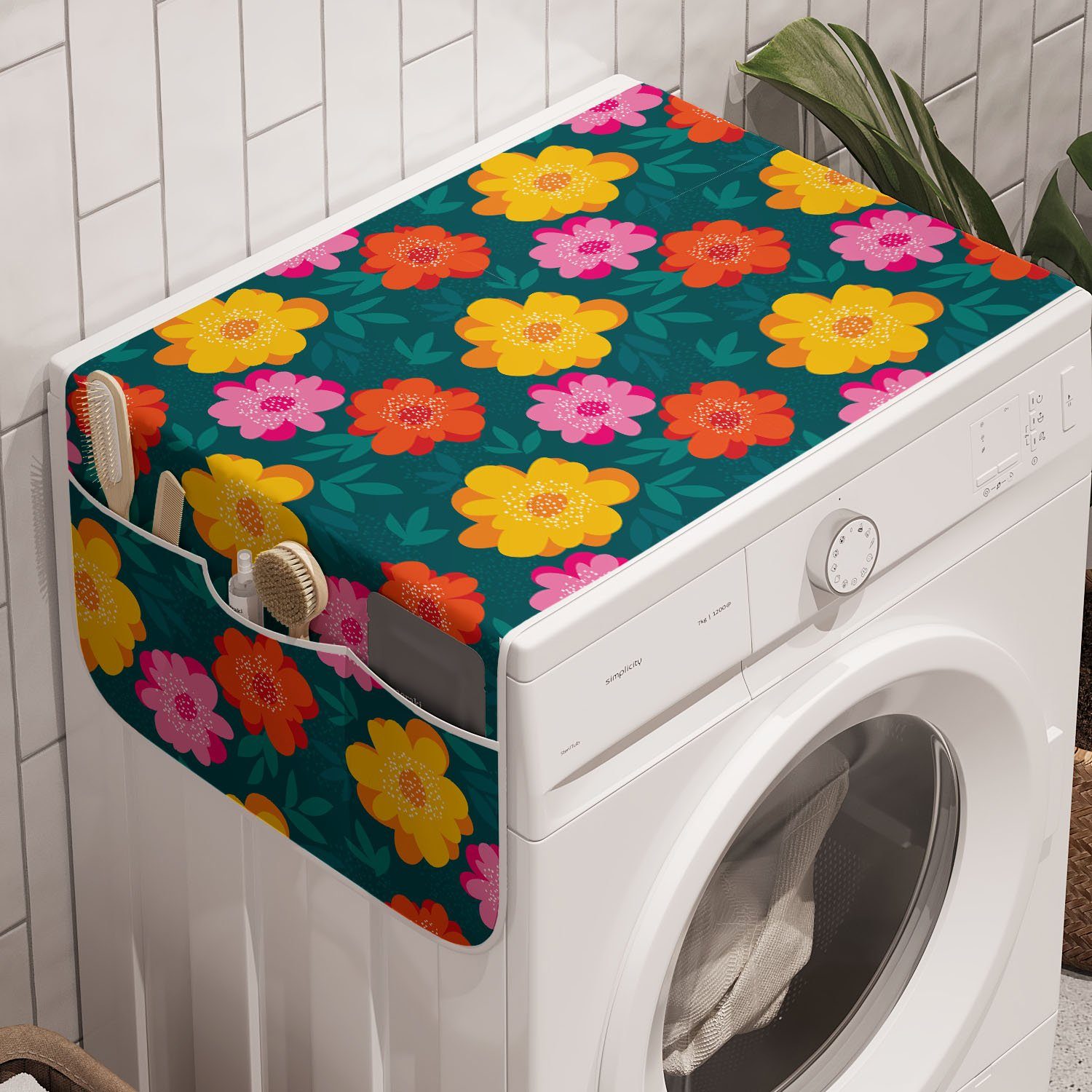 Abakuhaus Badorganizer Anti-Rutsch-Stoffabdeckung für Waschmaschine und Bunt Blumen Blütenblätter gezeichnete Trockner, Hand