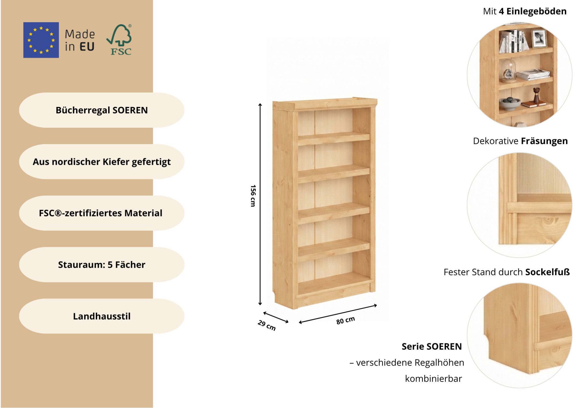 OTTO home Bücherregal Soeren, aus massiver Kiefer, Tiefe 29 cm, FSC®-zertifiziert