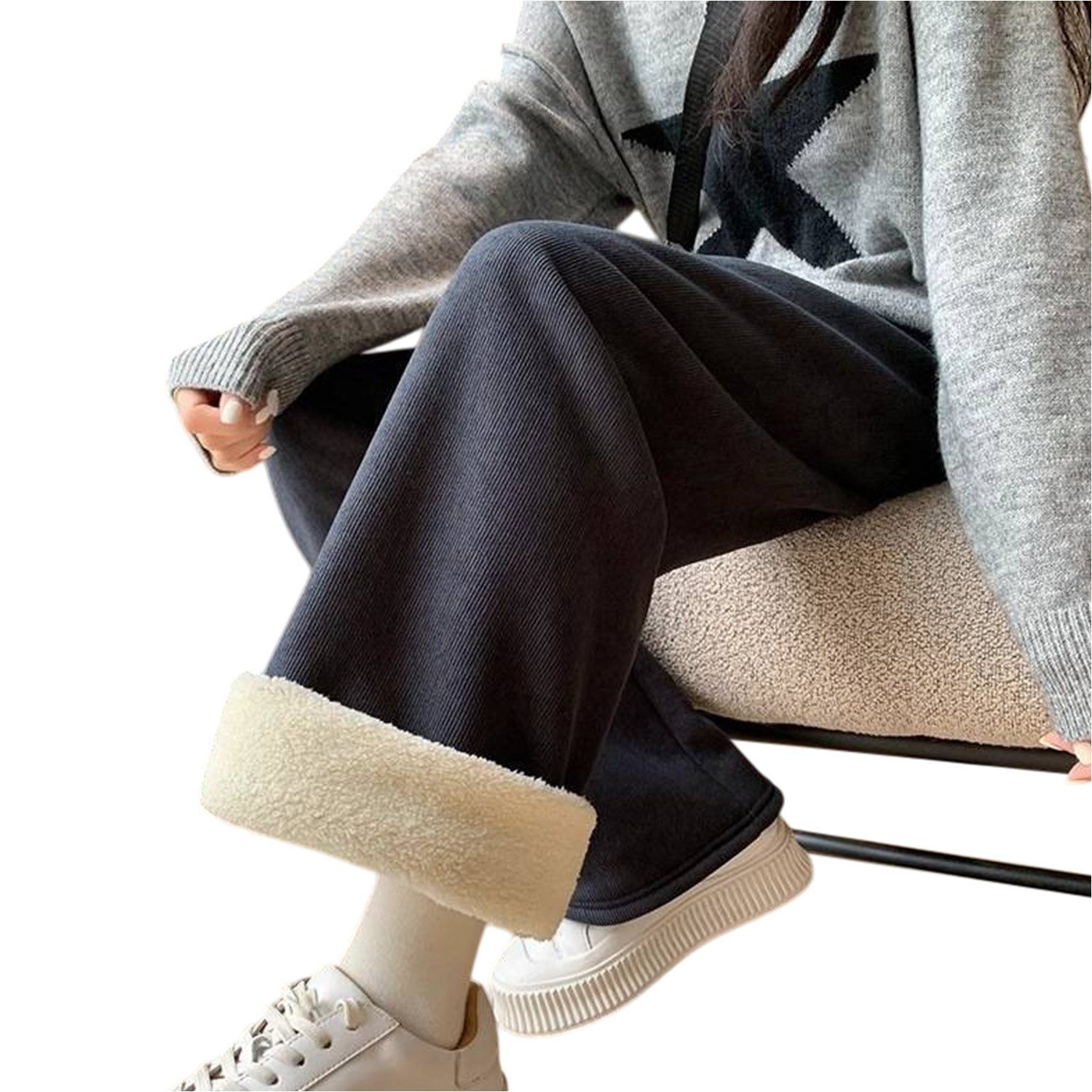 Refttenw Thermohose Damen Freizeithose mit Flauschfutter - Warme Weites Bein Hohe Taille Kordelzug Sweathose mit 2 Taschen, Elastischer Bund