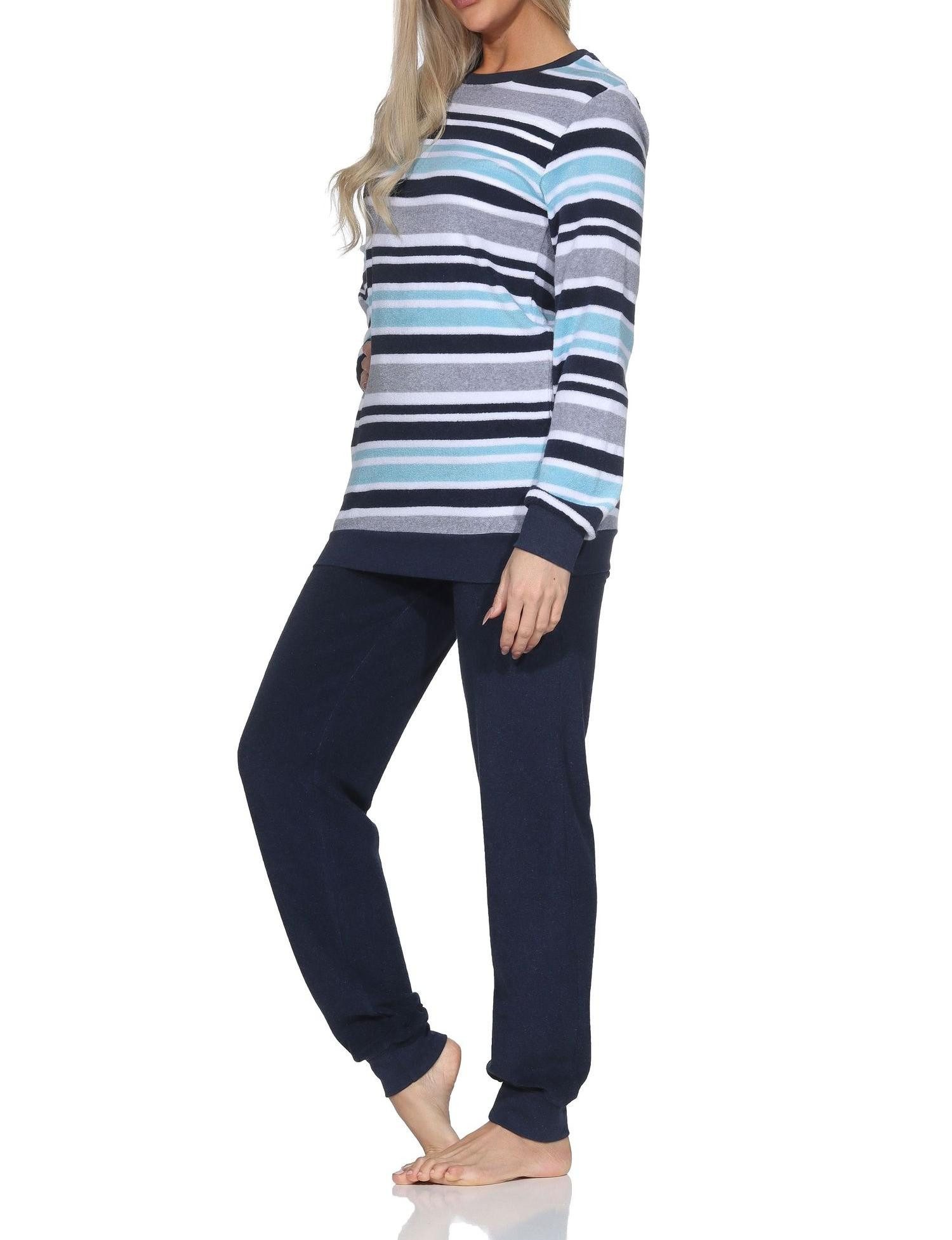 Normann Pyjama Damen Frottee Schlafanzug mit Bündchen in elegantem Streifendesign