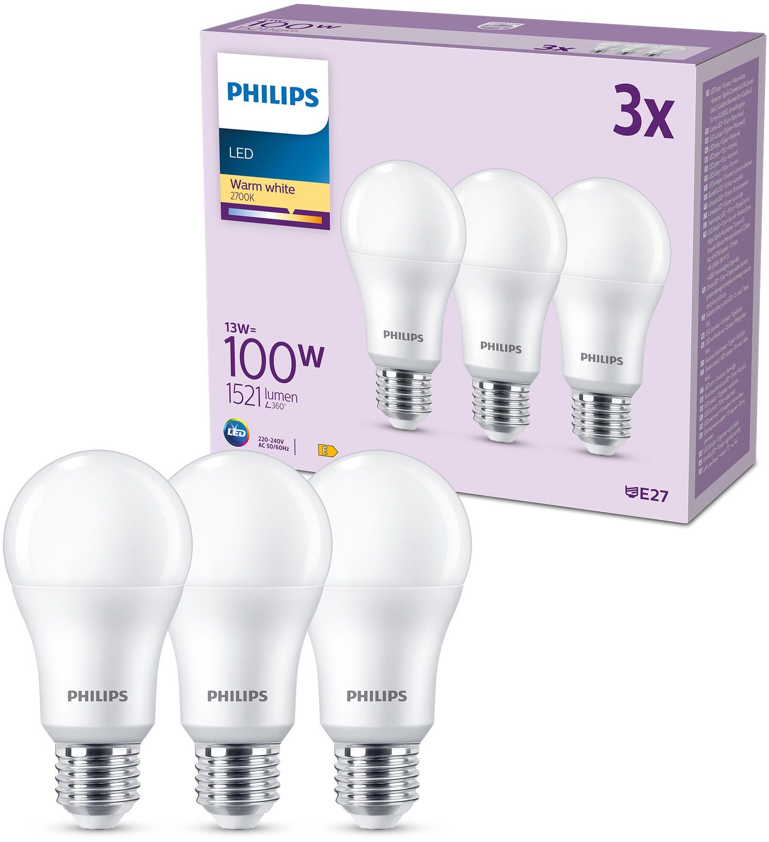 LED-Leuchtmittel E27 3er P, matt classic Philips 1521lm Warmweiß LED E27, Lampe Warmweiß 100W