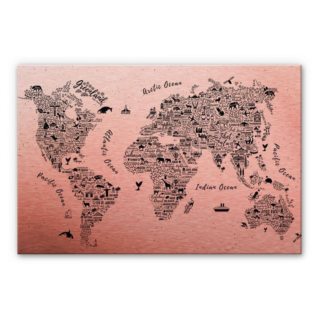 Weltkarte K&L Ozean Waldtiere, Wohnzimmer Schriftzug Fische Kupfer Gemälde Weltreise Metall Wall Art Landkarte