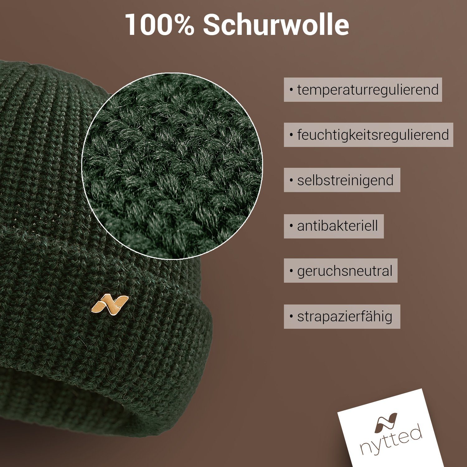 Made Wolle - % in Germany - - oliv & Mütze für 100 Damen NYTTED® Herren Strickmütze Troyer