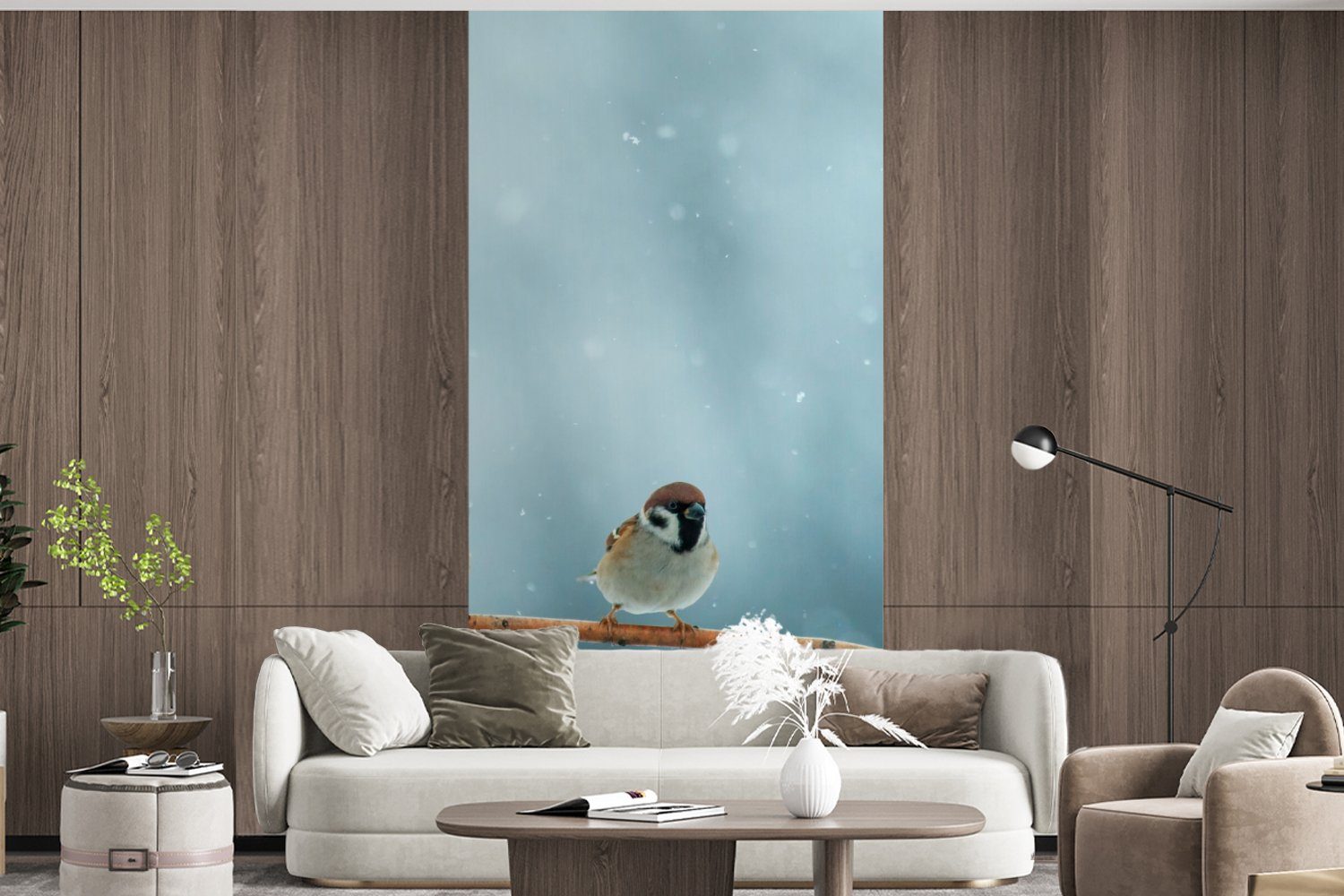 Vögel Schnee Spatz bedruckt, (2 für Wohnzimmer Küche, Vliestapete - - Fototapete MuchoWow Winter, Schlafzimmer Matt, St), - Fototapete