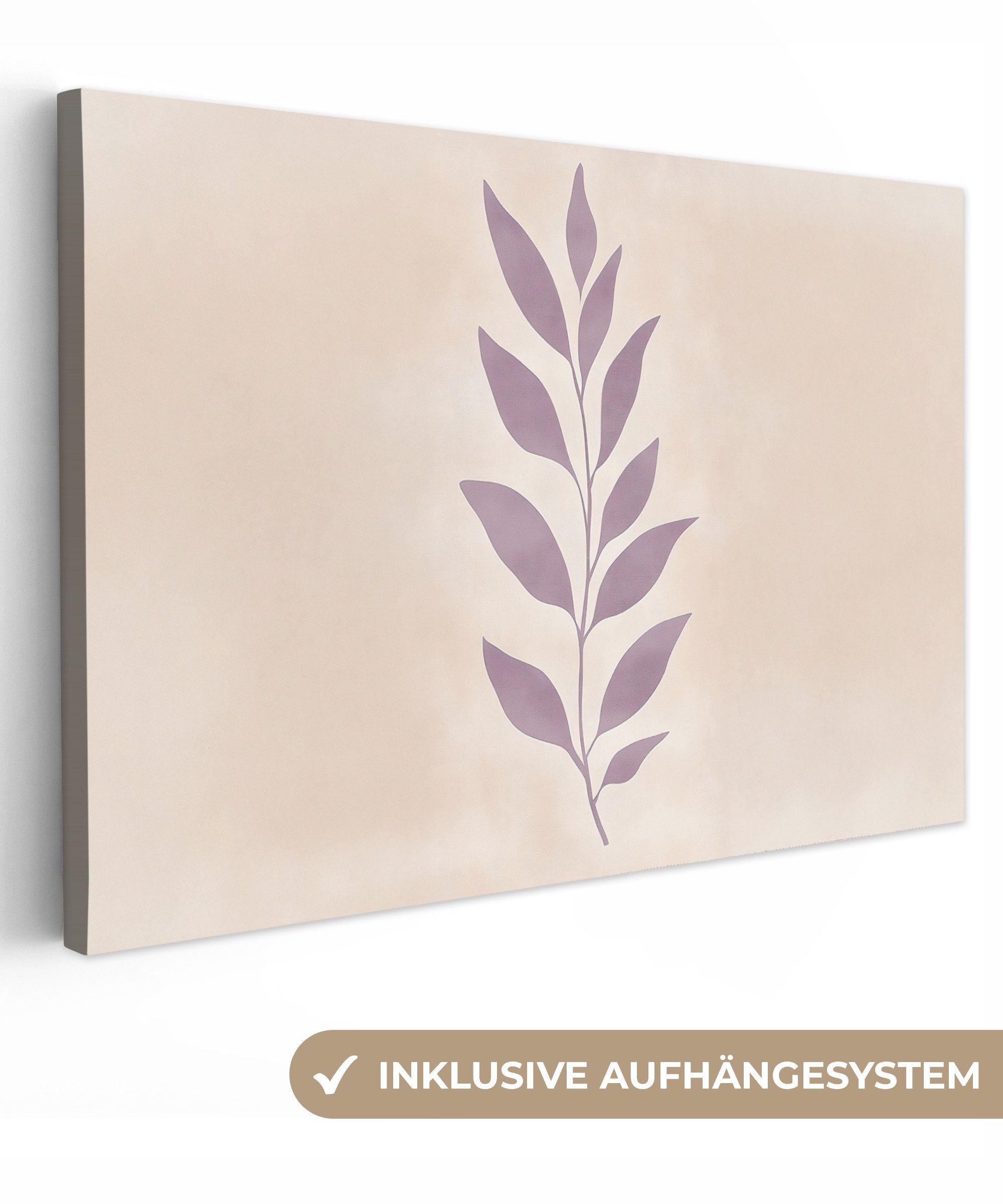 OneMillionCanvasses® Leinwandbild Zweig - Blätter - Minimalistisch - Beige, Fotodruck (1 St), Leinwand Bilder Klein, Wand Dekoration Aesthetic 30x20 cm