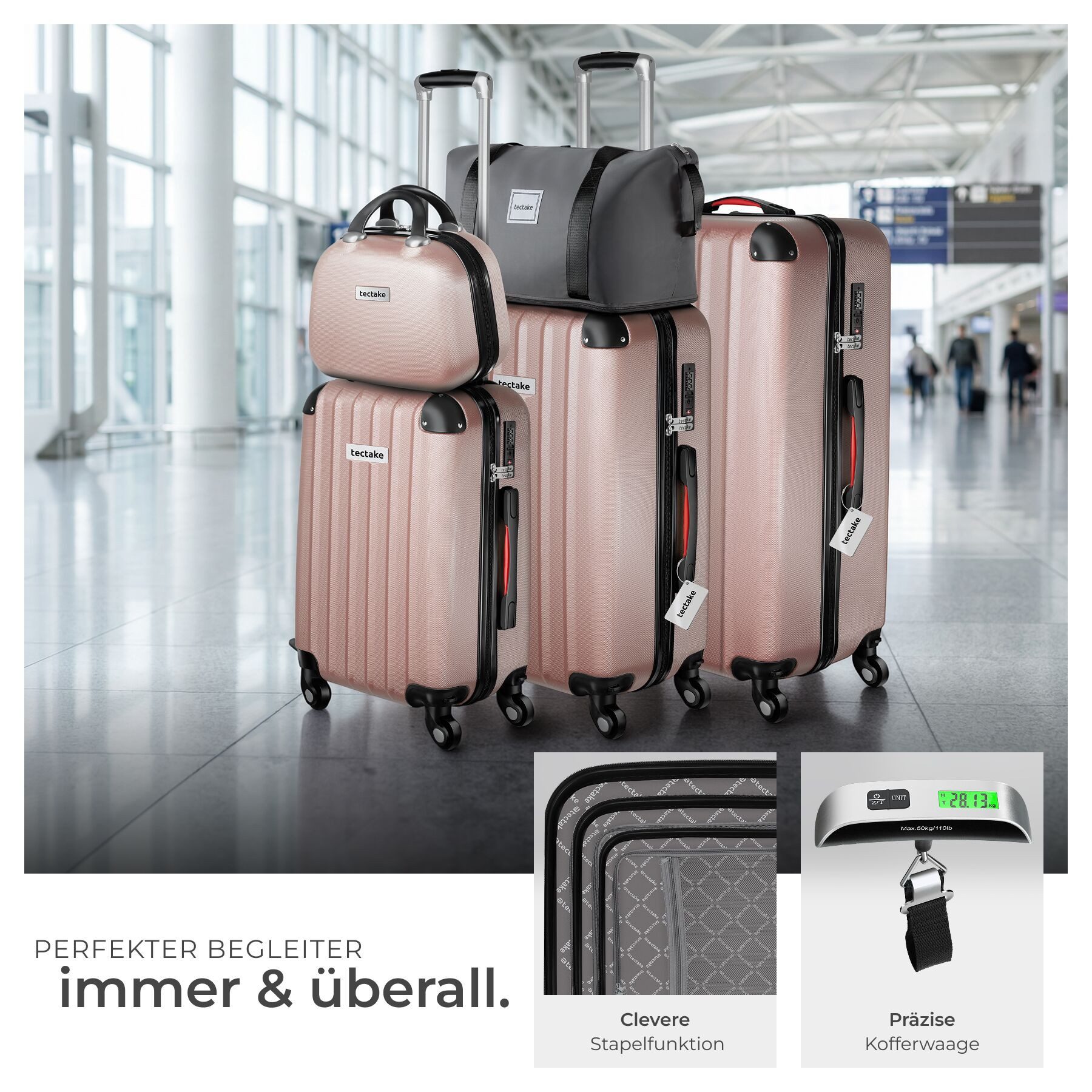tectake Trolley Hartschalenkoffer-Set 19-teilig aus ABS-Kunststoff, Kofferwaage, 4 Rollen, TSA-Schloss, 360° drehbare, abnehmbare Rollen, mit Packwürfelset – Bild 3 von 5