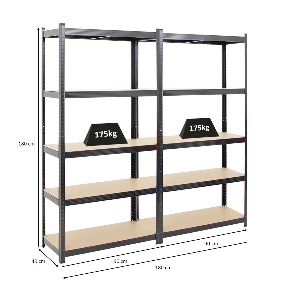 PROREGAL® Schwerlastregal MegaDeal 2x Kellerregal GORILLA 180x90x40cm Fachlast 175kg Schwarz, Garagenregal Werkstattregal Lagerregal Lastenregal mit 5 MDF-Fachböden