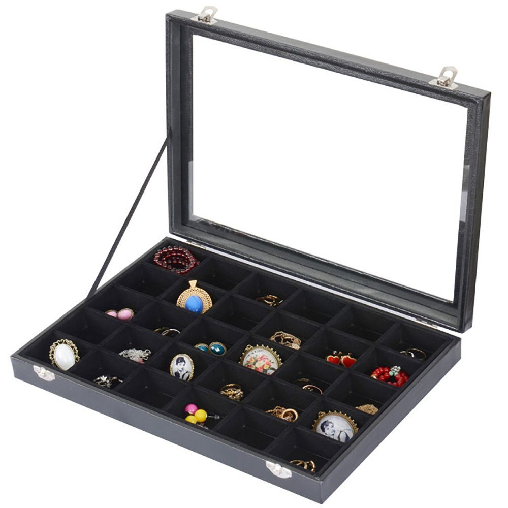 Sinoba Schmuckkasten Schmucklade Schmuckkästchen Schmuckbox für Ringe Ketten Ohrringe, Holz-Korpus, Velours-Bezug, mit Echtglas-Deckel – Bild 2 von 4