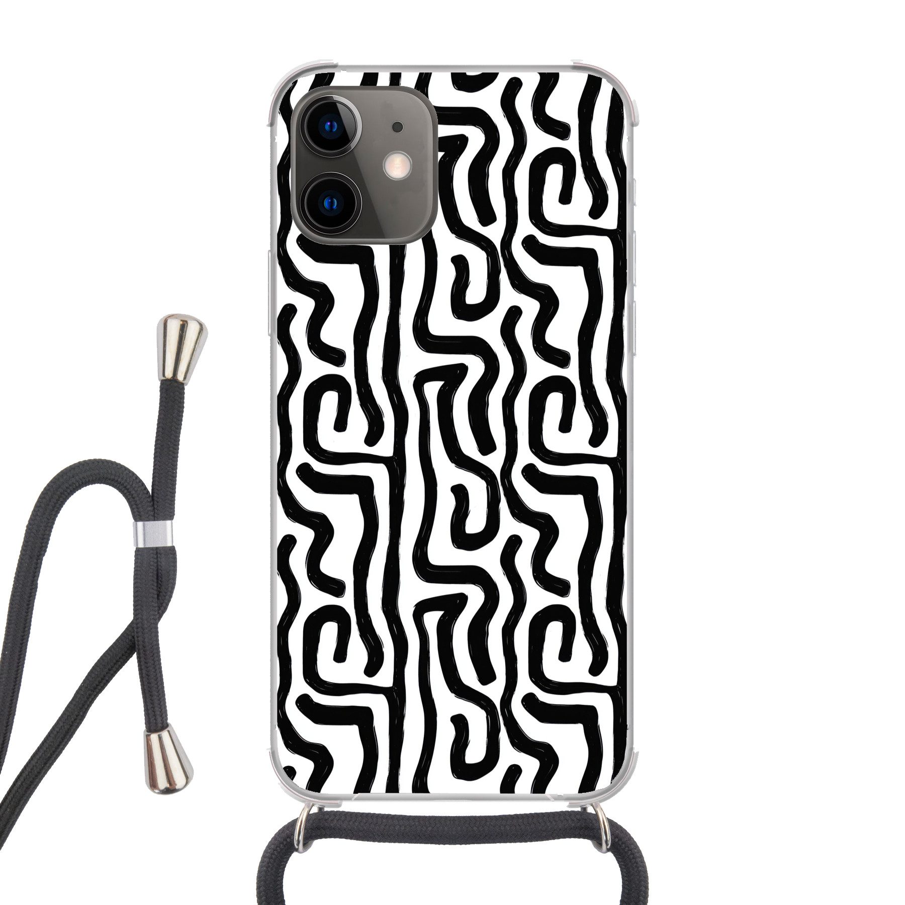 MuchoWow Handyhülle für Apple iPhone 12 Modern - Linien - Schwarz, Tragbare Handyhüllen mit Kette zum umhängen, Handykette Handyband