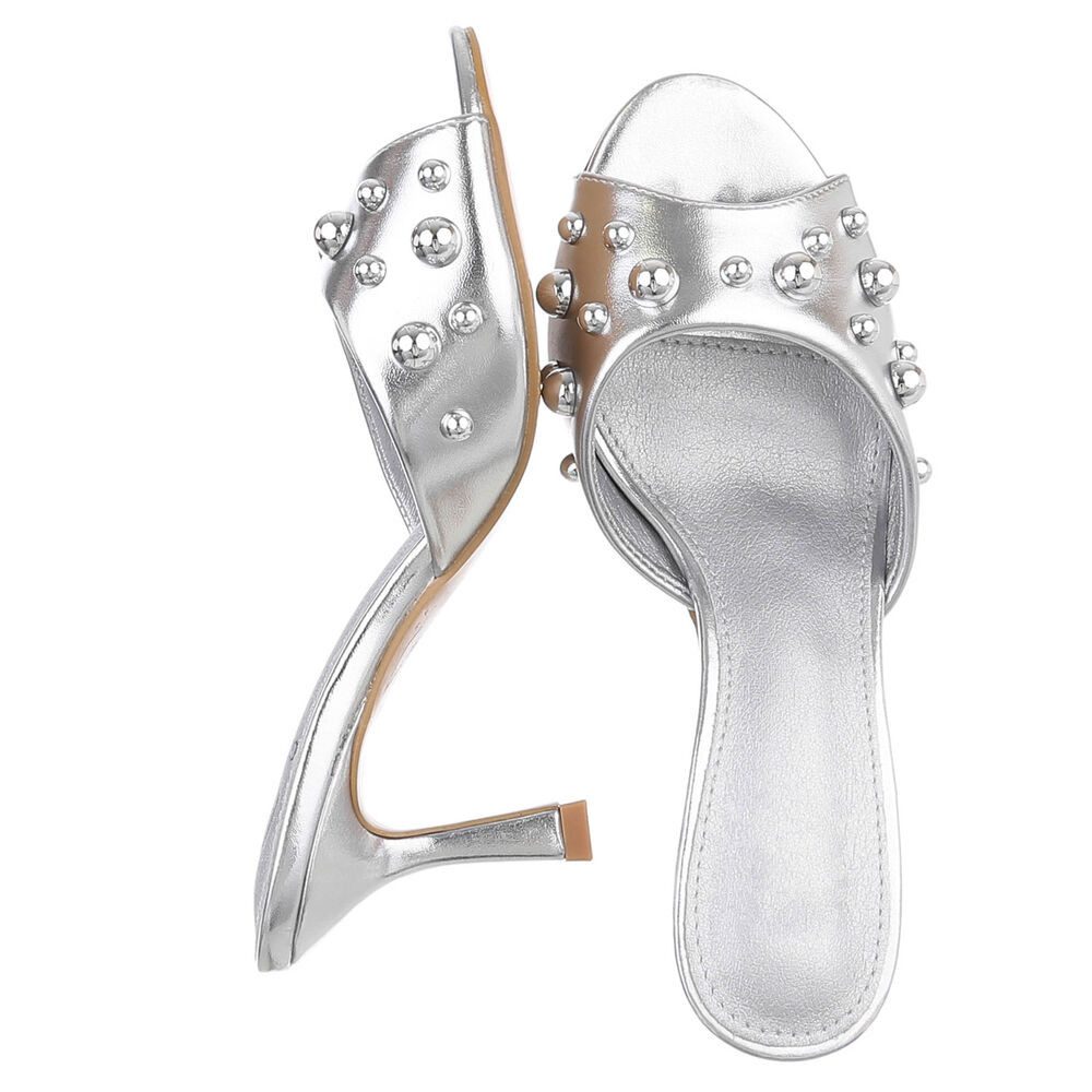 Ital-Design Damen Pantoletten Pumps mit Nieten und Stilettoabsatz Pantolette (91742645) Pfennig-/Stilettoabsatz Sandalen & Sandaletten in Silber
