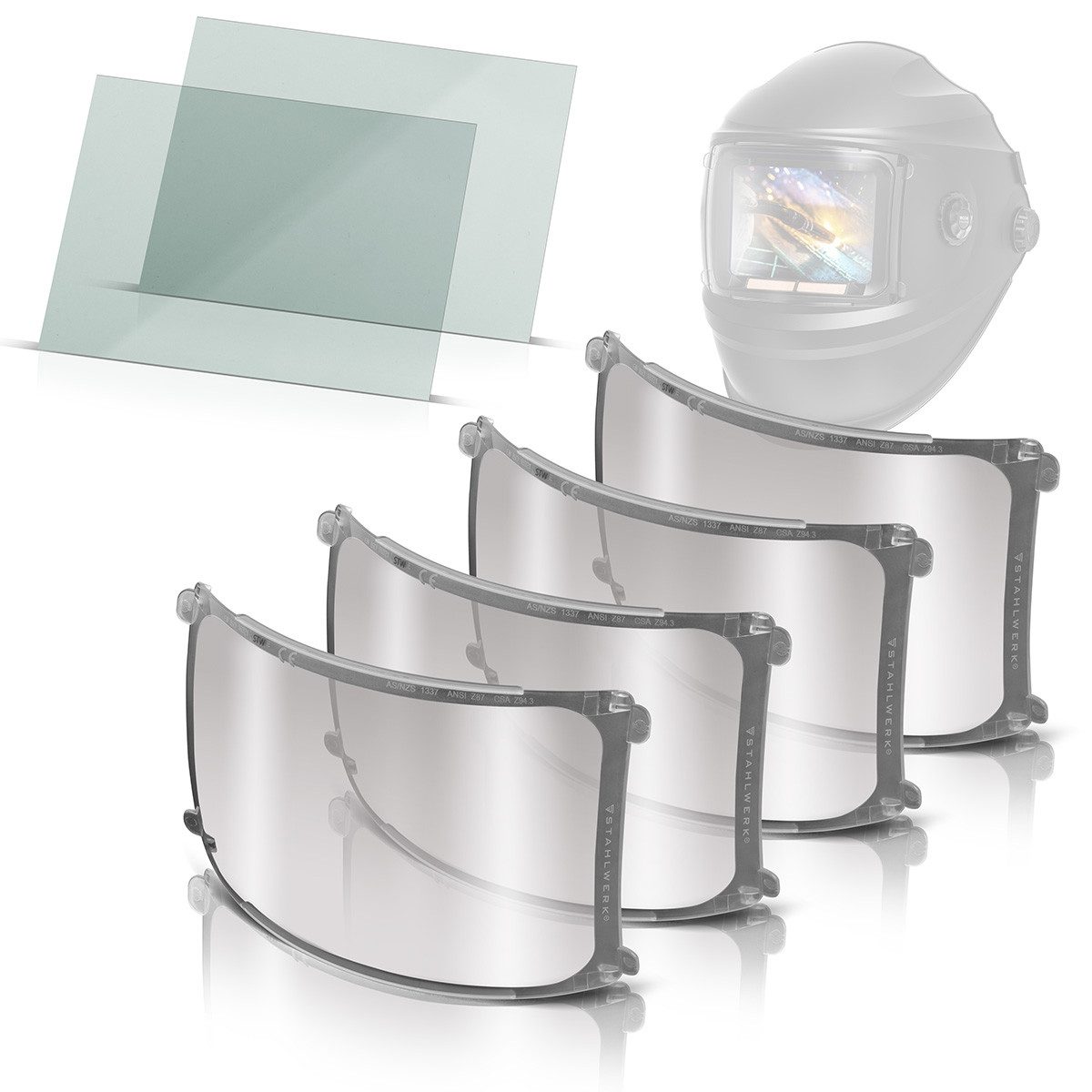 STAHLWERK Schweißhelm Schweißhelm Ersatzgläser innen und außen für Schweißhelm BOOSTER (Set, 4-tlg., Set), Schweißer-Gripzangen inklusive Transportkoffer