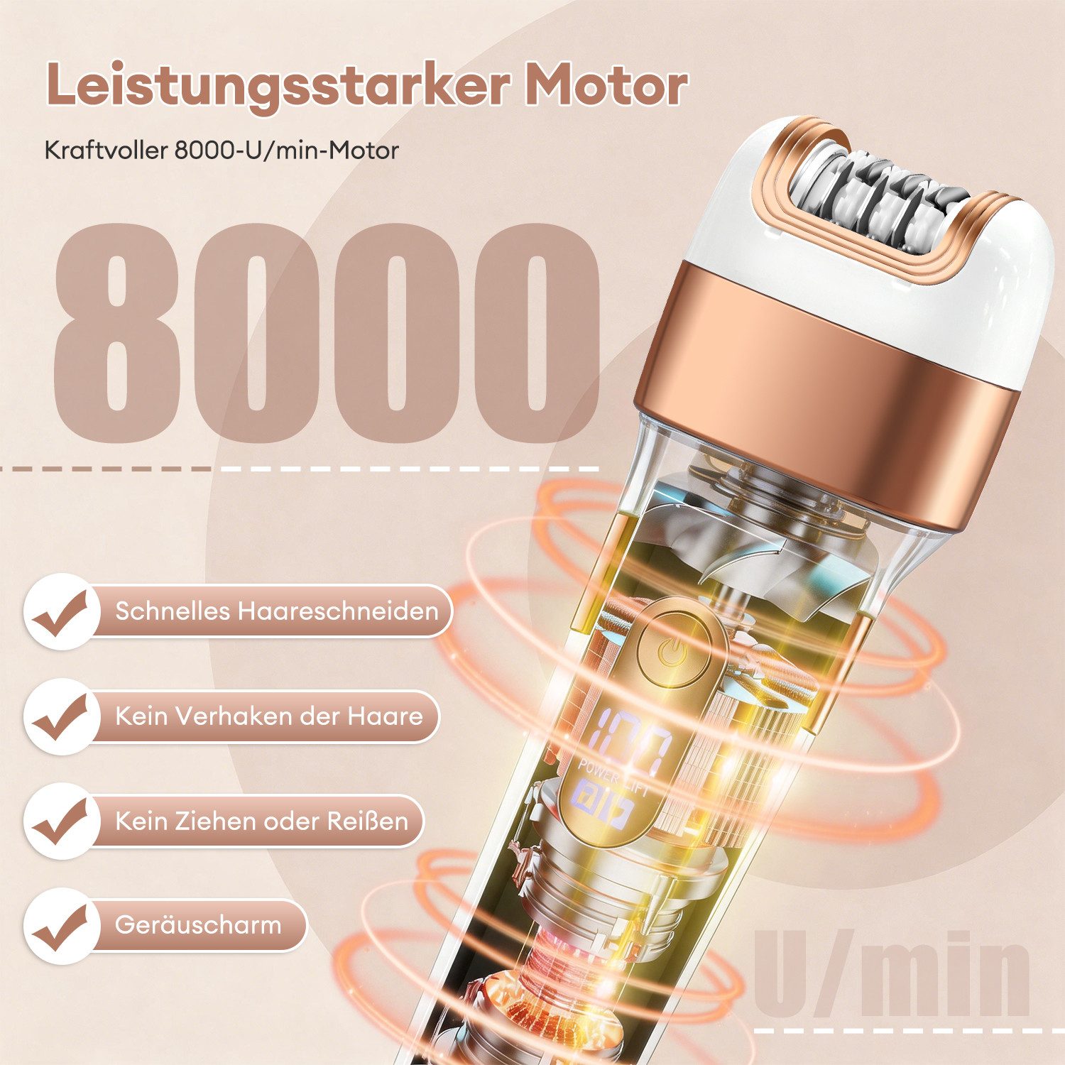 CkeyiN Epilierer Epilierer Damen 3 in 1 mit Rasier-,Trimmer- &Hornhautentferner Aufsatz, Aufsätze: 3 St., 8000U/min,LED-Anzeige,Reisesperre, Nass- und Trockenep – Bild 5 von 5