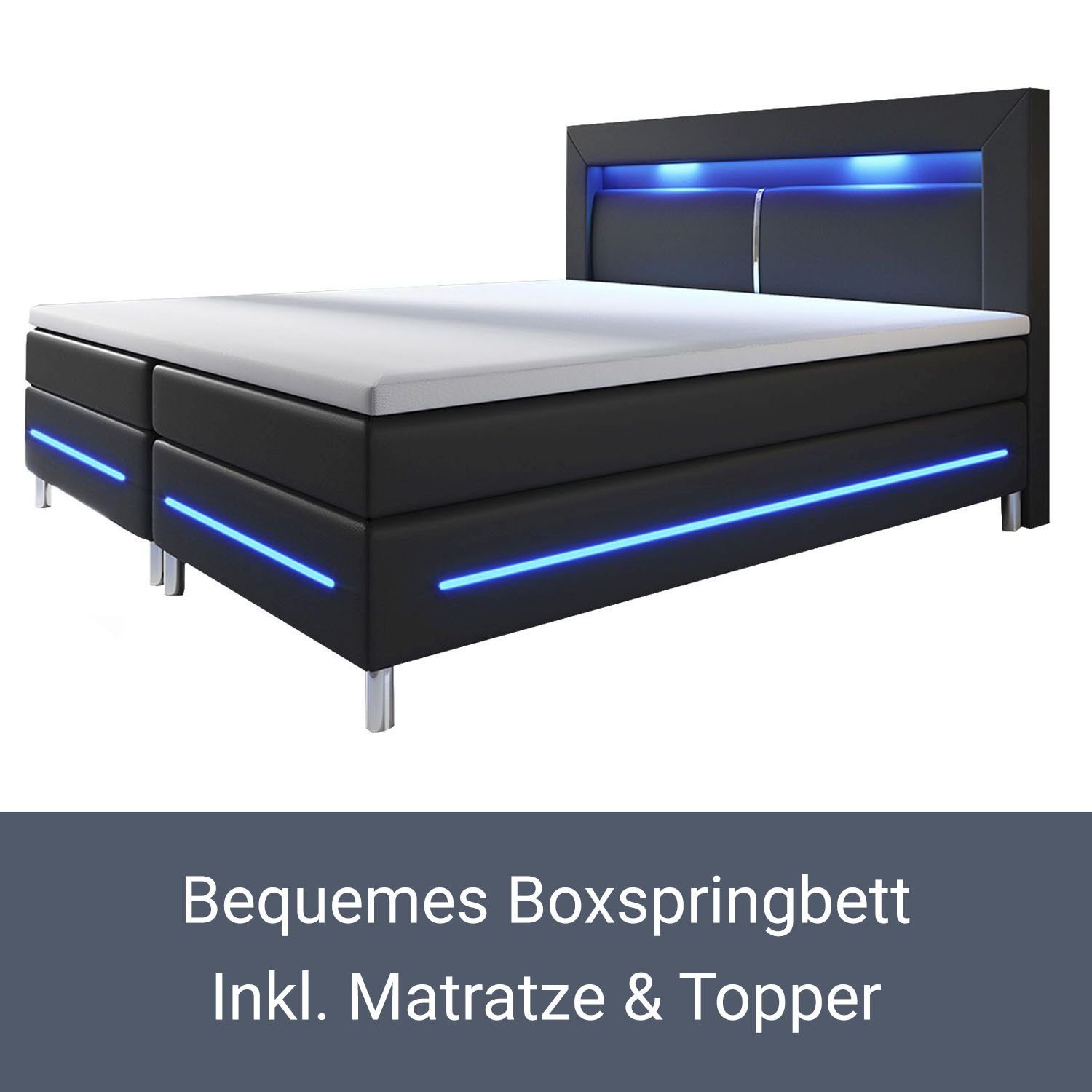 und schwarz Federkernmatratze, LED-Beleuchtung mit Norfolk, Boxspringbett Bett cm, Juskys Topper, 200 Kopfteil x 140