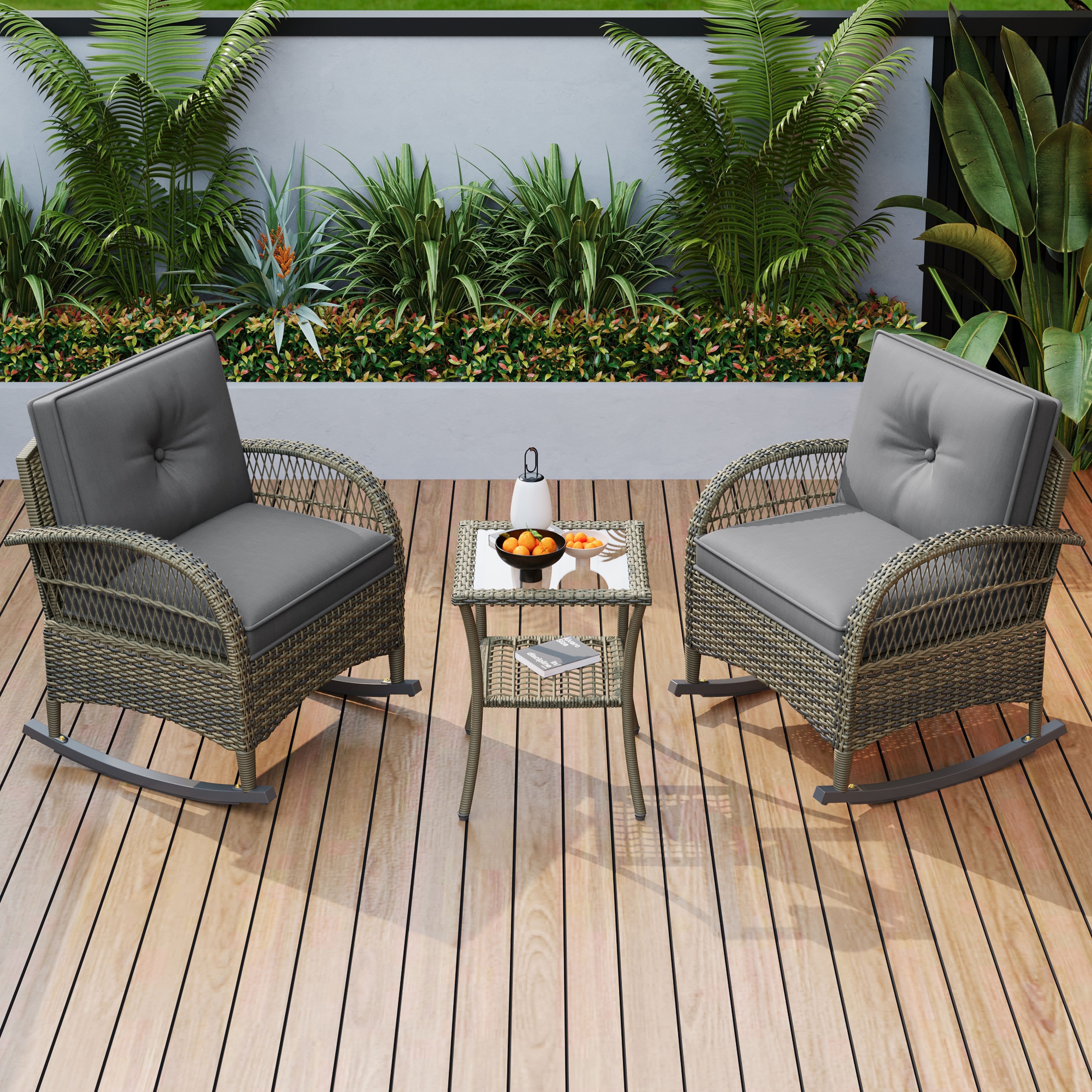 BlingBin Gartenlounge-Set 3er Set Garten-Loungestuhl-Set, Gartenmöbel-Set, Rattan Balkonset, (2 Sessel und 1 Couchtisch, 3-tlg., Produktladung: 160kg, Füllung: Seidenbaumwolle, Schwamm), Akazienplatte mit Grauen Kissen, Verzinktes Eisen, Grau
