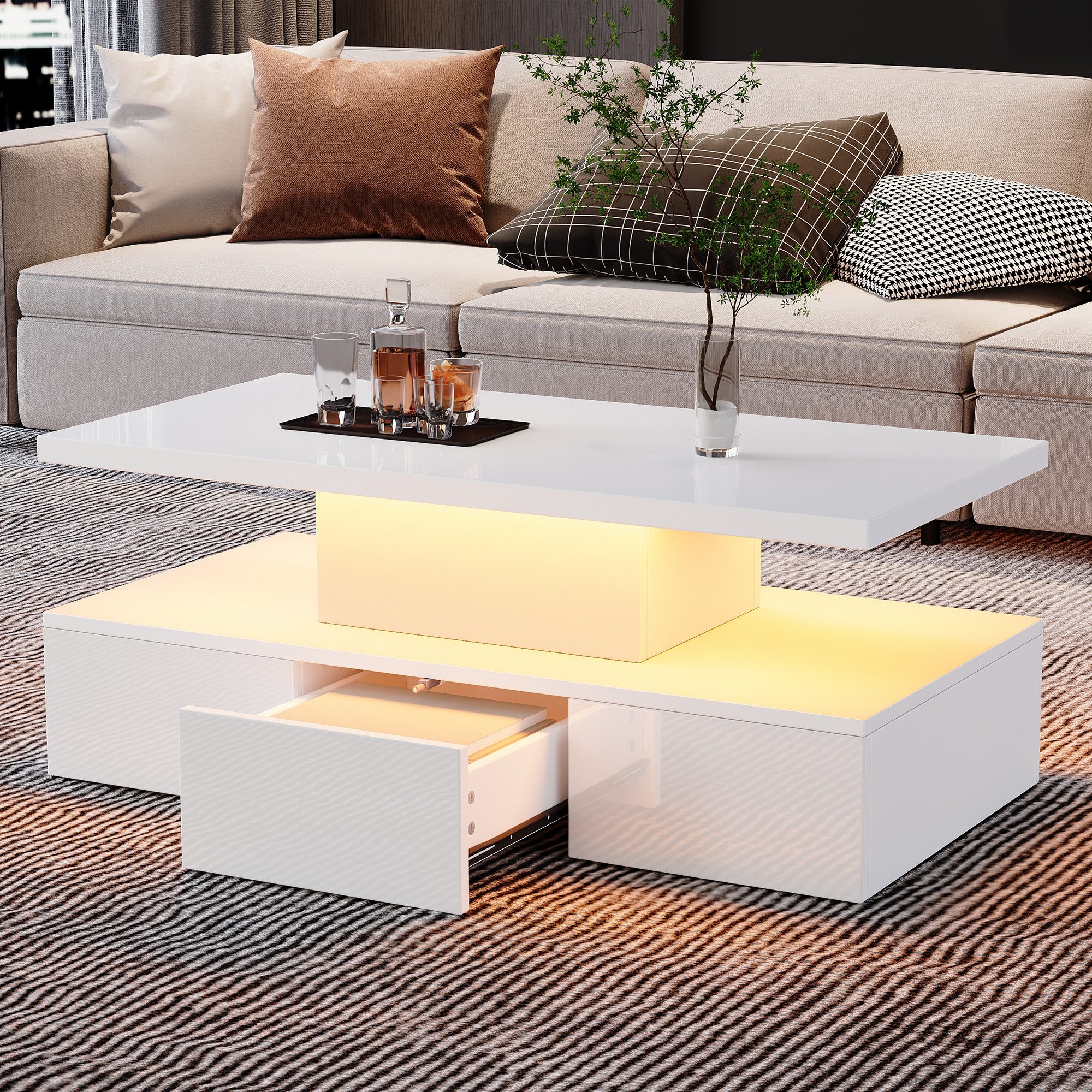 STILVORA Couchtisch mit LED-Licht,Sofatisch Wohnzimmertisch Hochglanz mit Schiebeschublade (Satztisch, Wohnzimmertisch, Kaffeetisch, 1-St., mit offenem Ausstellungsregal und 1 Schiebeschubladen), mit 16-farbigem LED-Licht