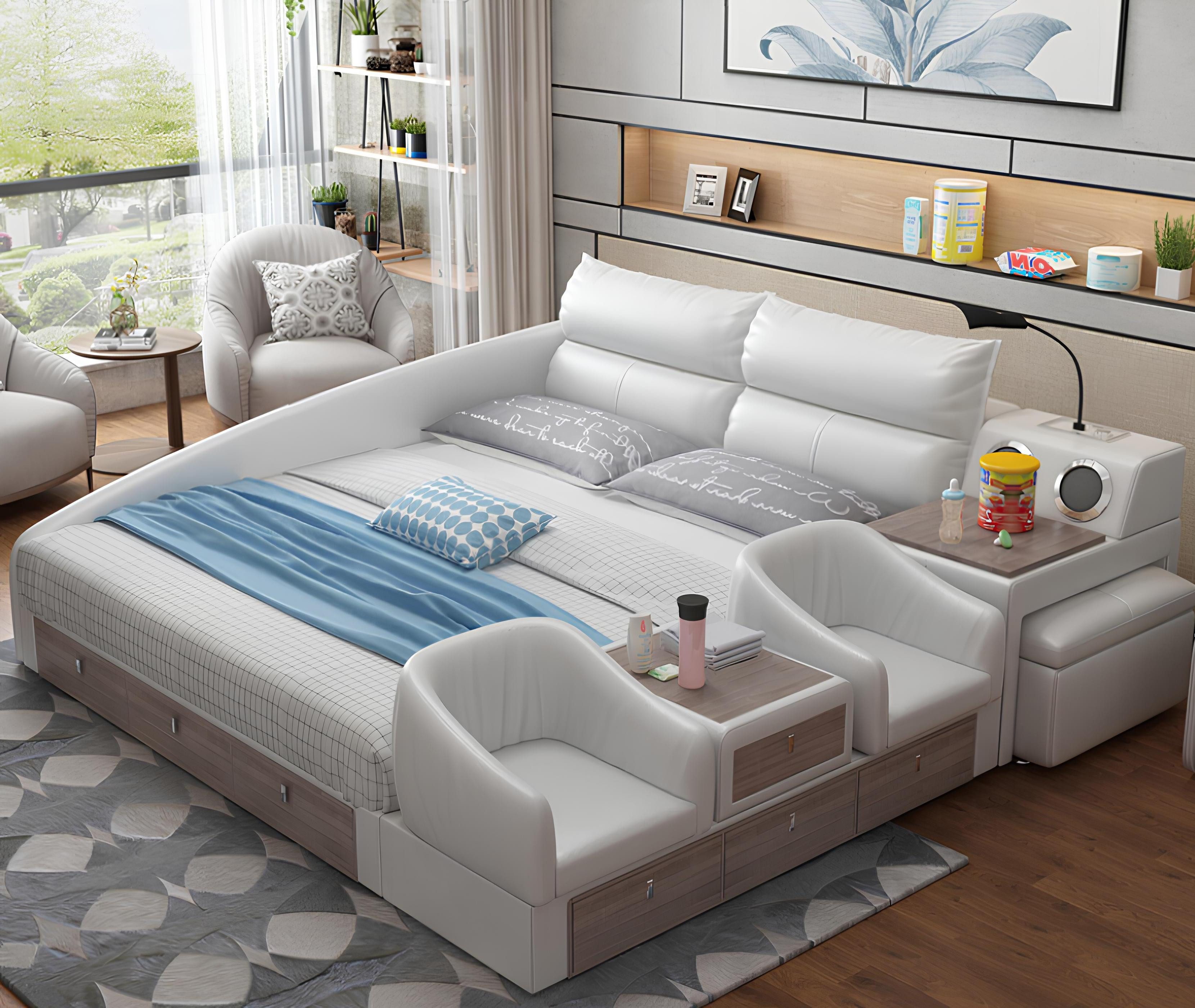 Xlmoebel Multimediabett Doppelbett mit USB-Ladestation und integriertem Regal, multifunktional (Multifunktions Bett), Hergestellt in Europa