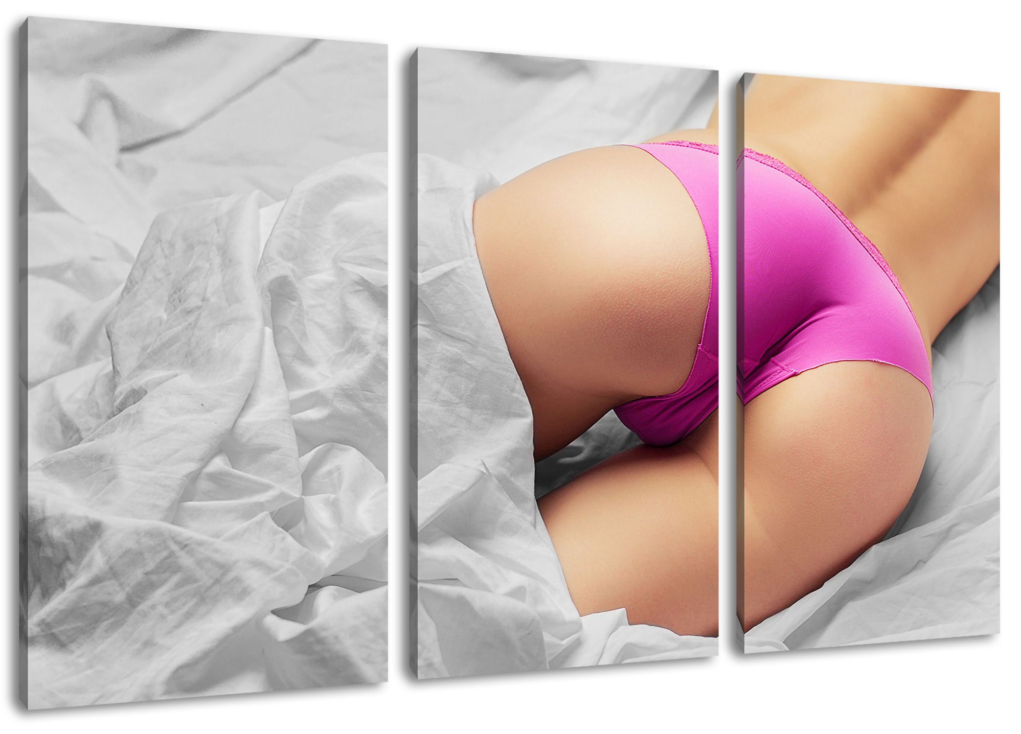Pixxprint Leinwandbild schöner Po im Bett, schöner Po im Bett 3Teiler (120x80cm) (1 St), Leinwandbild fertig bespannt, inkl. Zackenaufhänger