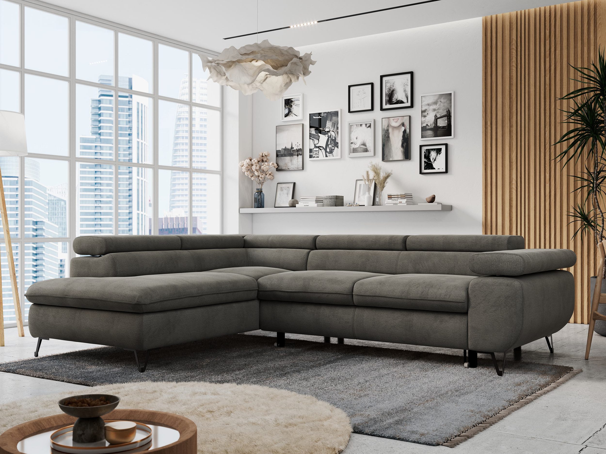 MKS MÖBEL Ecksofa PETER L, Set, Ecksofa L-form, HR35-Schaum, Wellenfederkern, Bettfunktion, Einstellbare Kopfstützen, Bettkasten
