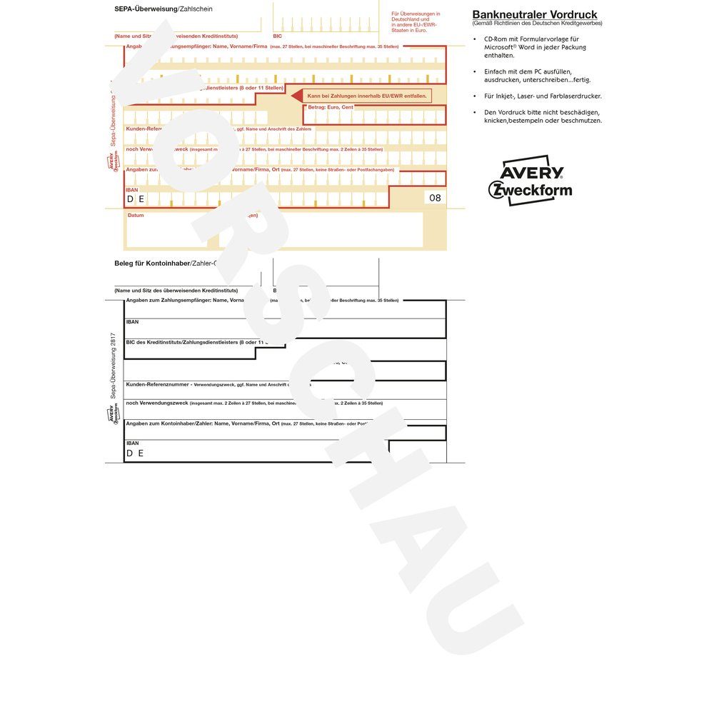 Avery Zweckform Formularblock Avery-Zweckform Überweisung Formular SEPA-Überweisung DIN A4 Anzahl de