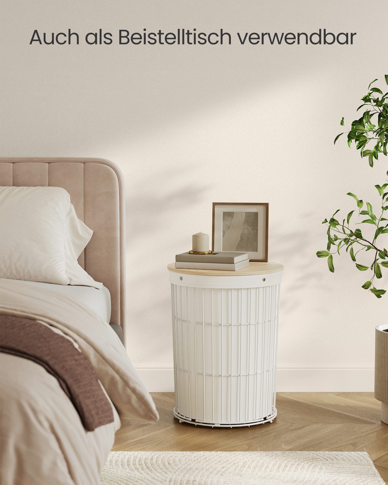 SONGMICS Wäschekorb 95 L, für Waschküche, Schlafzimmer, Wohnzimmer, 46 x 46 x 61 cm, mit Deckel, Wäschesammler rund, herausnehmbarer Wäschesack, cremeweiß
