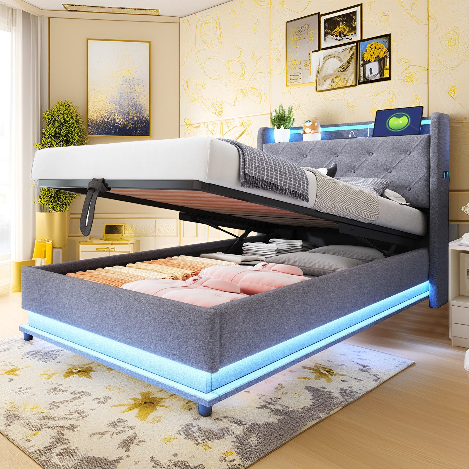 MODFU Polsterbett mit LED-Farbwechsel (Stauraumbett mit USB & Type-C-Anschl günstig online kaufen