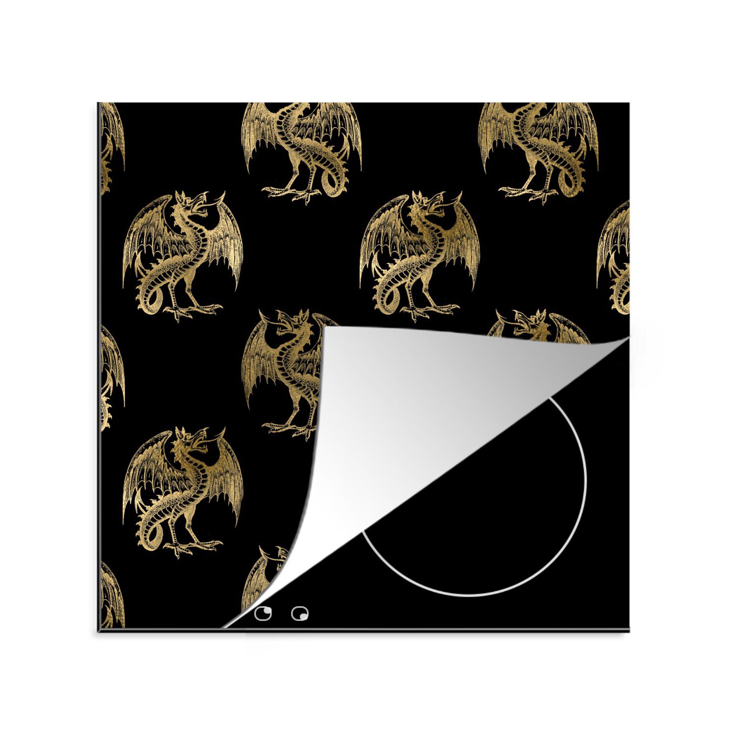 MuchoWow Herdblende-/Abdeckplatte Muster - Drache - Gold - Schwarz, Vinyl, (1 tlg), 78x78 cm, Ceranfeldabdeckung, Arbeitsplatte für küche | Herdabdeckplatten