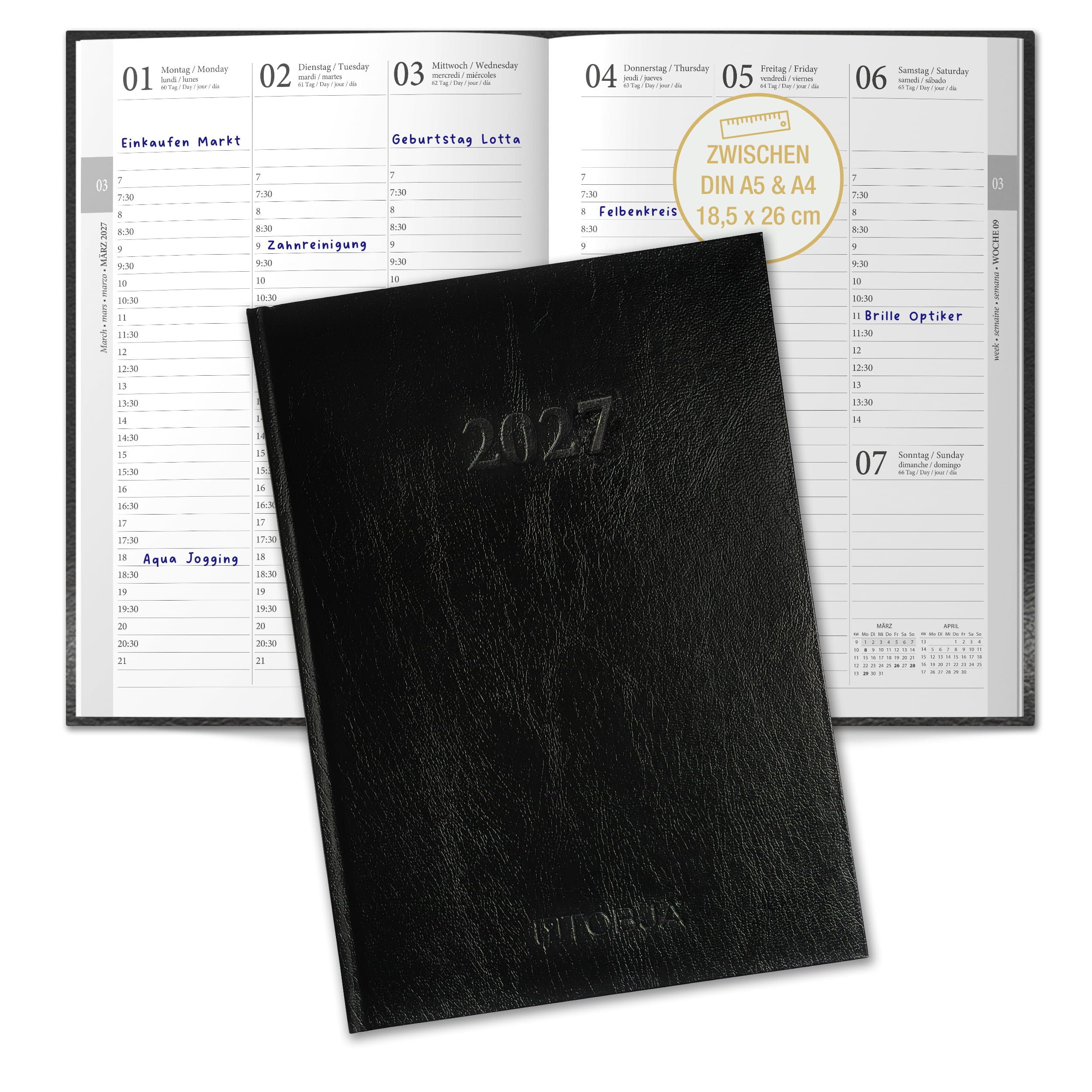TOBJA Buchkalender Buchkalender 2027 Wochenplaner schwarz Hardcover OptiPlaner Pure FSC, 30-Min-Taktung 7-21 Uhr, 18,5x26 cm, Leseband, FSC, 4-sprachig