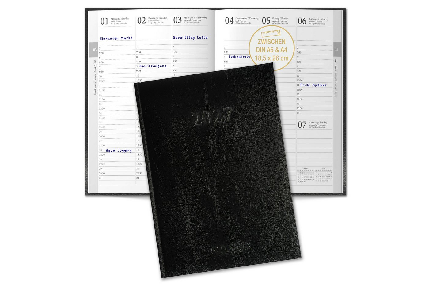 TOBJA Buchkalender Buchkalender 2027 Wochenplaner schwarz Hardcover OptiPlaner Pure FSC, 30-Min-Taktung 7-21 Uhr, 18,5x26 cm, Leseband, FSC, 4-sprachig
