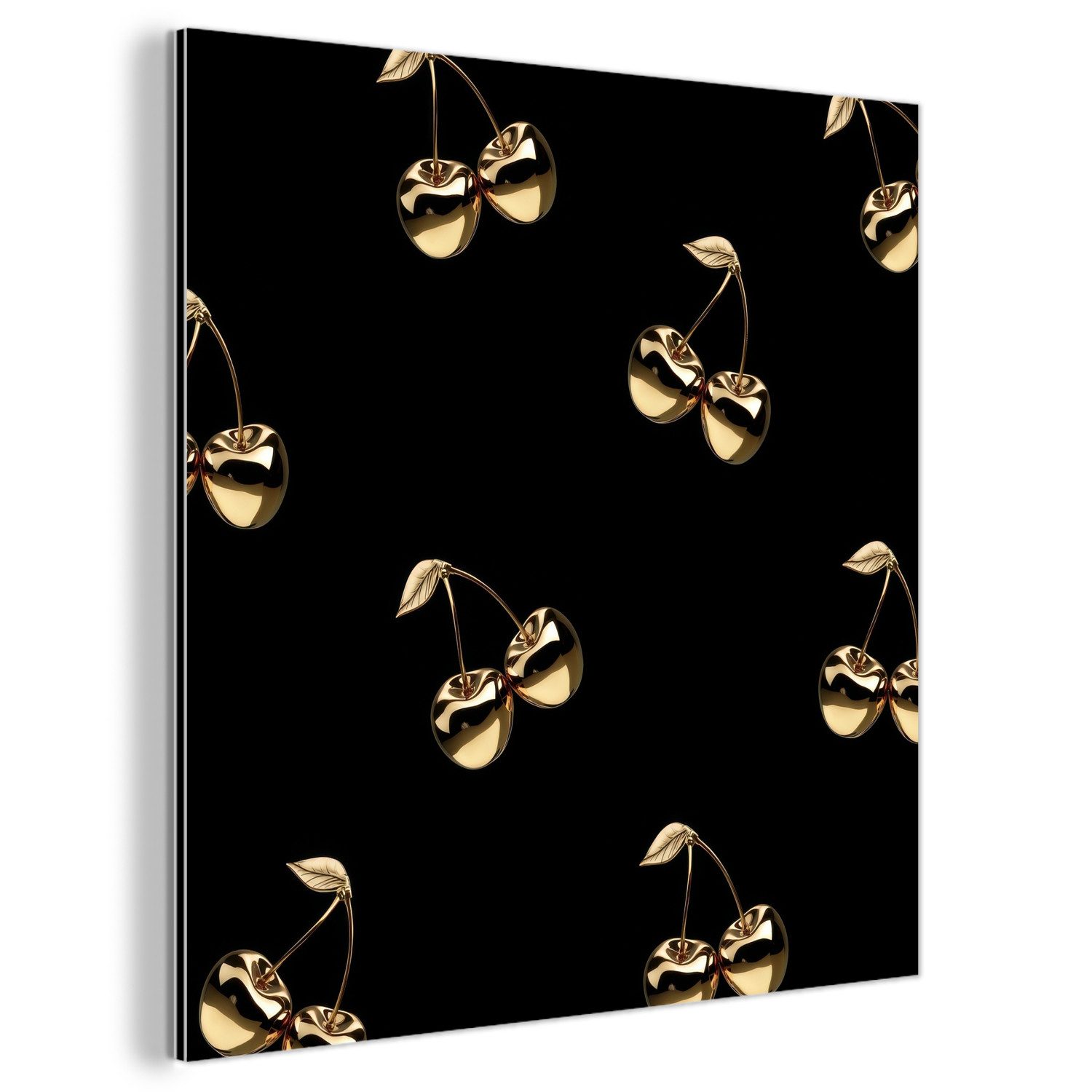 MuchoWow Metallbild Muster - Kirsche - Gold - Chrom, Inkl. Aufhängung, Alu-Dibond-Druck, Wandbild aus Metall, Aluminium deko, 20x20 cm