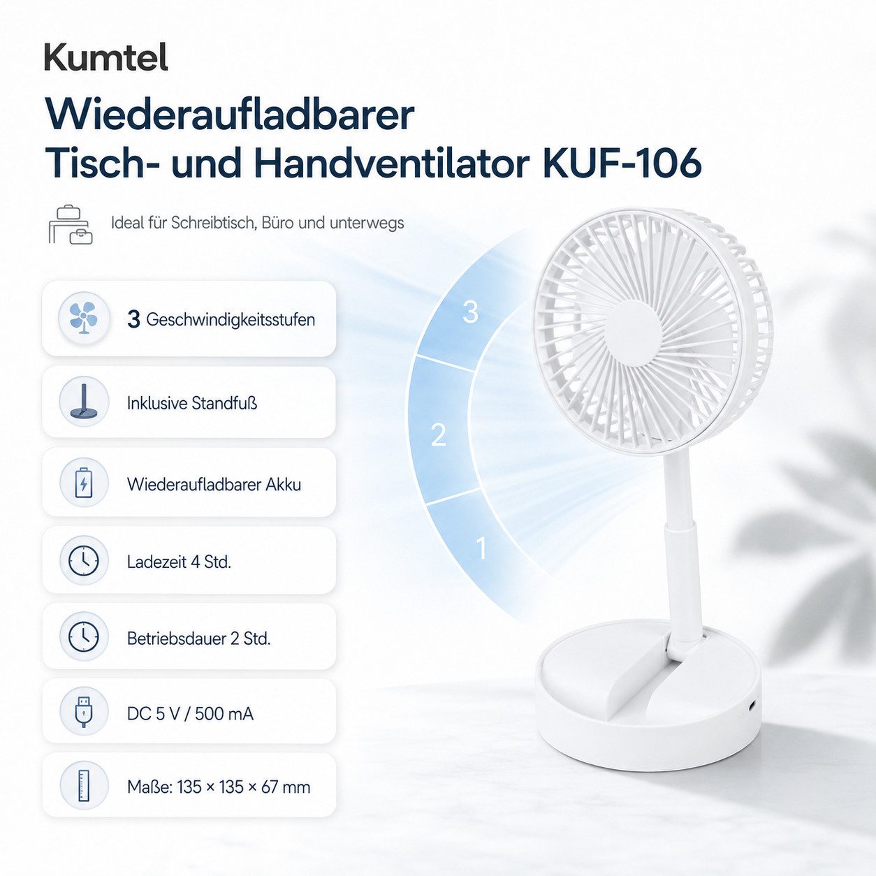 KUMTEL Tischventilator, 13,5 cm Durchmesser, 4 Stunden Ladezeit, 2-in-1-Verwendung, Øxh : 135 x 67 mm