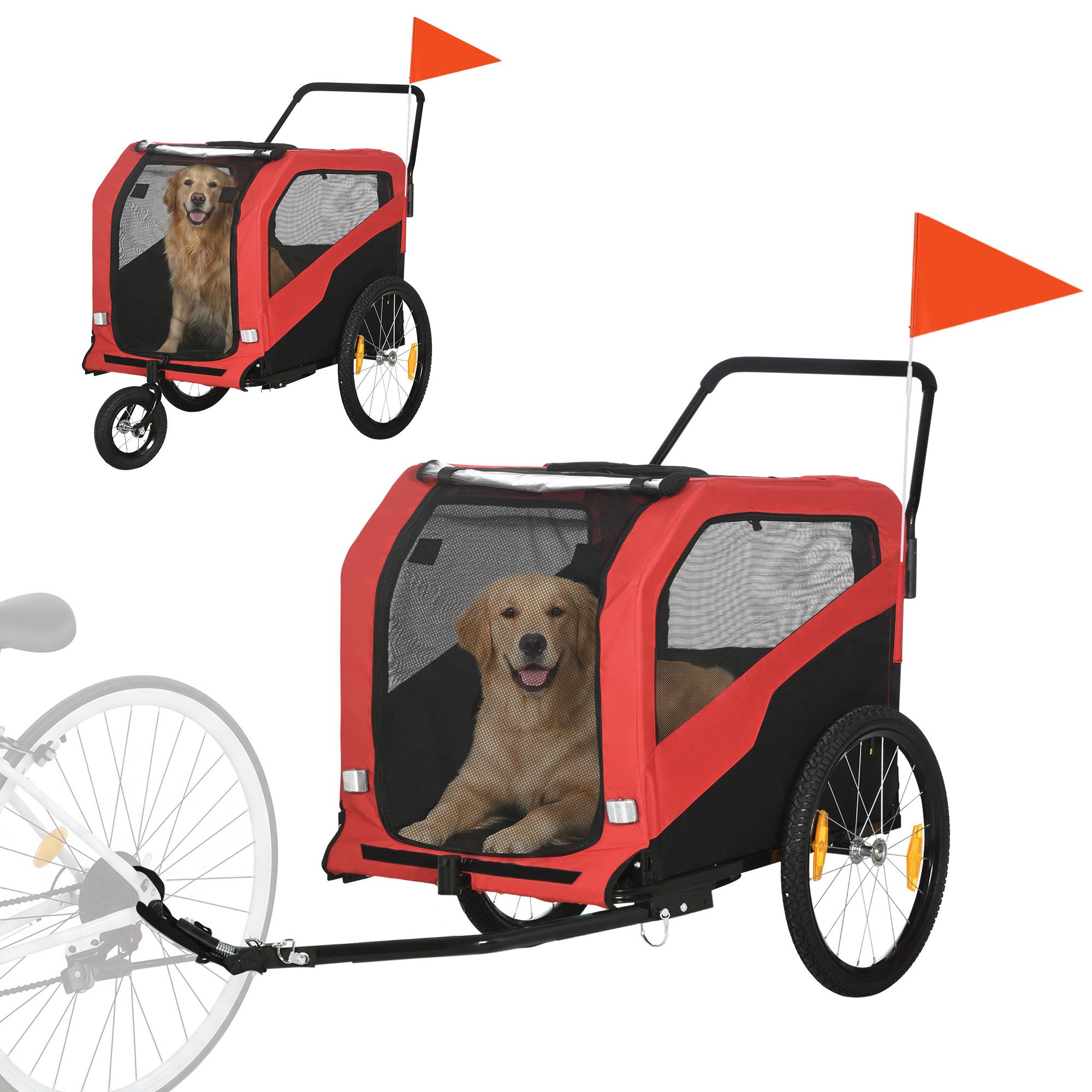PawHut Fahrradhundeanhänger 2-in-1 Hundeanhänger, Hundewagen mit Reflektoren, max. 30 kg, Hundewagen mit Reflektoren