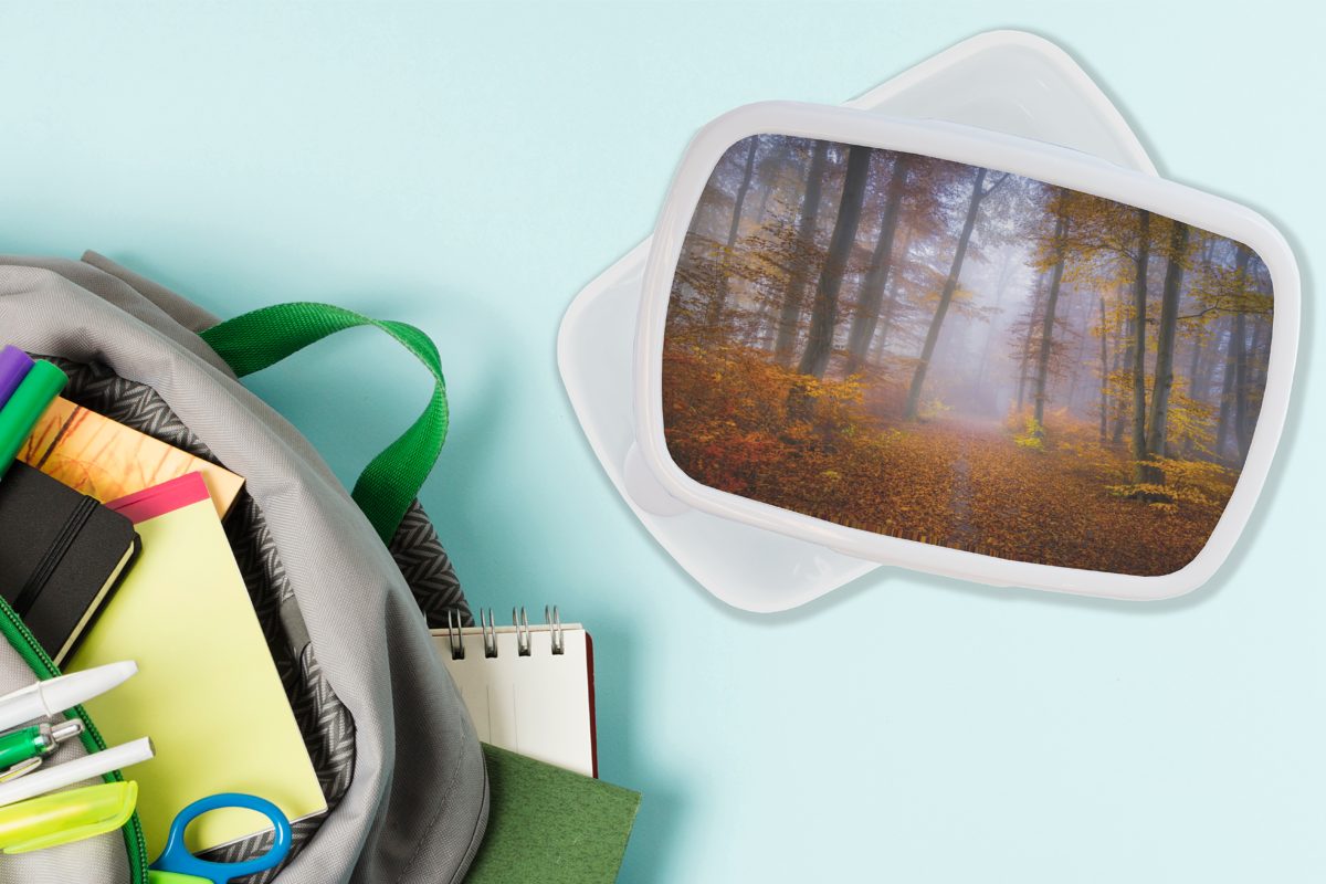 MuchoWow Lunchbox Weg durch den und Pflanzen -, Waldweg Brotdose, Jungs - Bäume Erwachsene, weiß - - und Brotbox und Kunststoff, für Kinder (2-tlg), Wald für Mädchen Nebel - Herbst